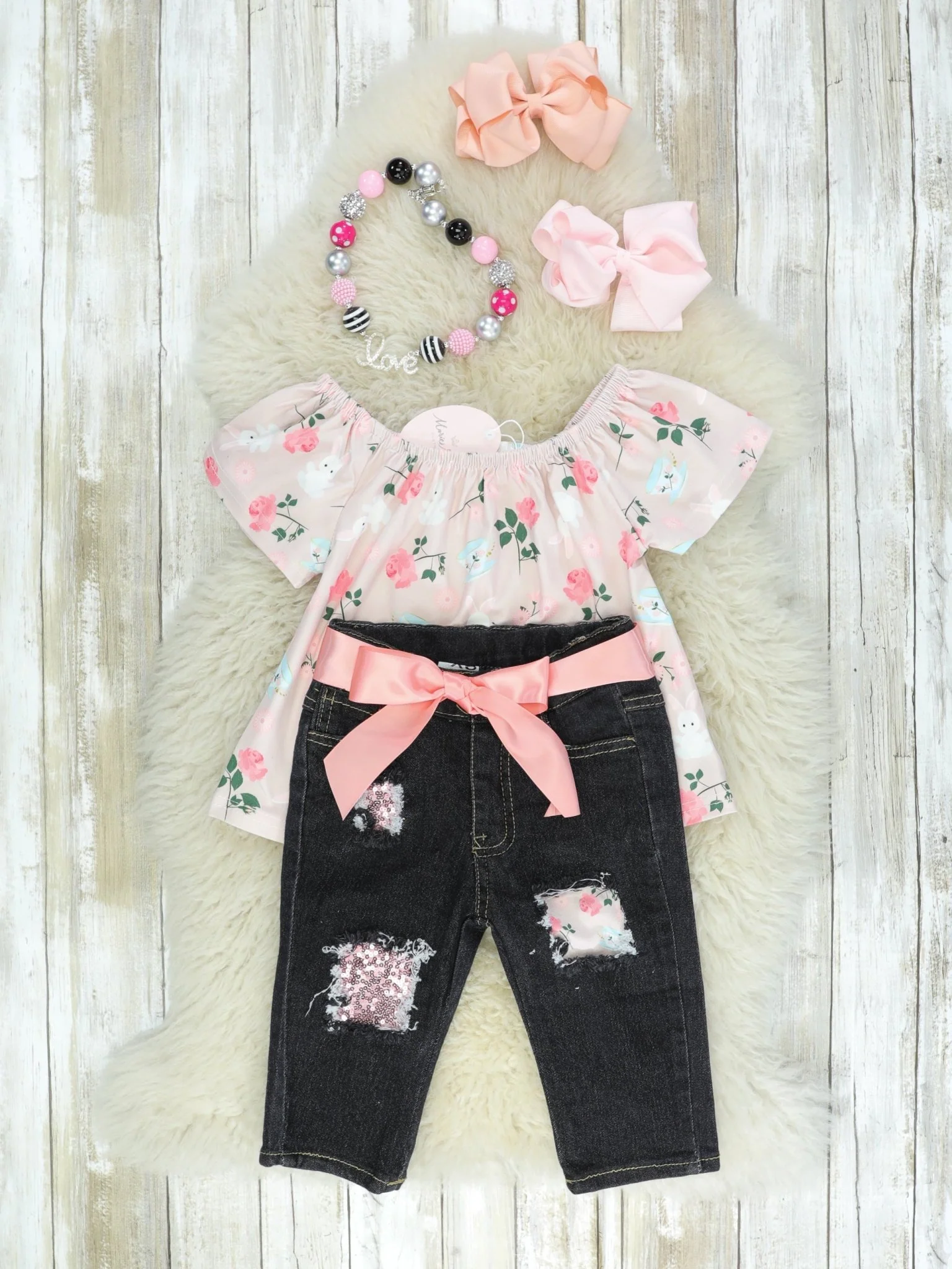 Bunny Soft Pink Floral Denim Outfit - Image 2
