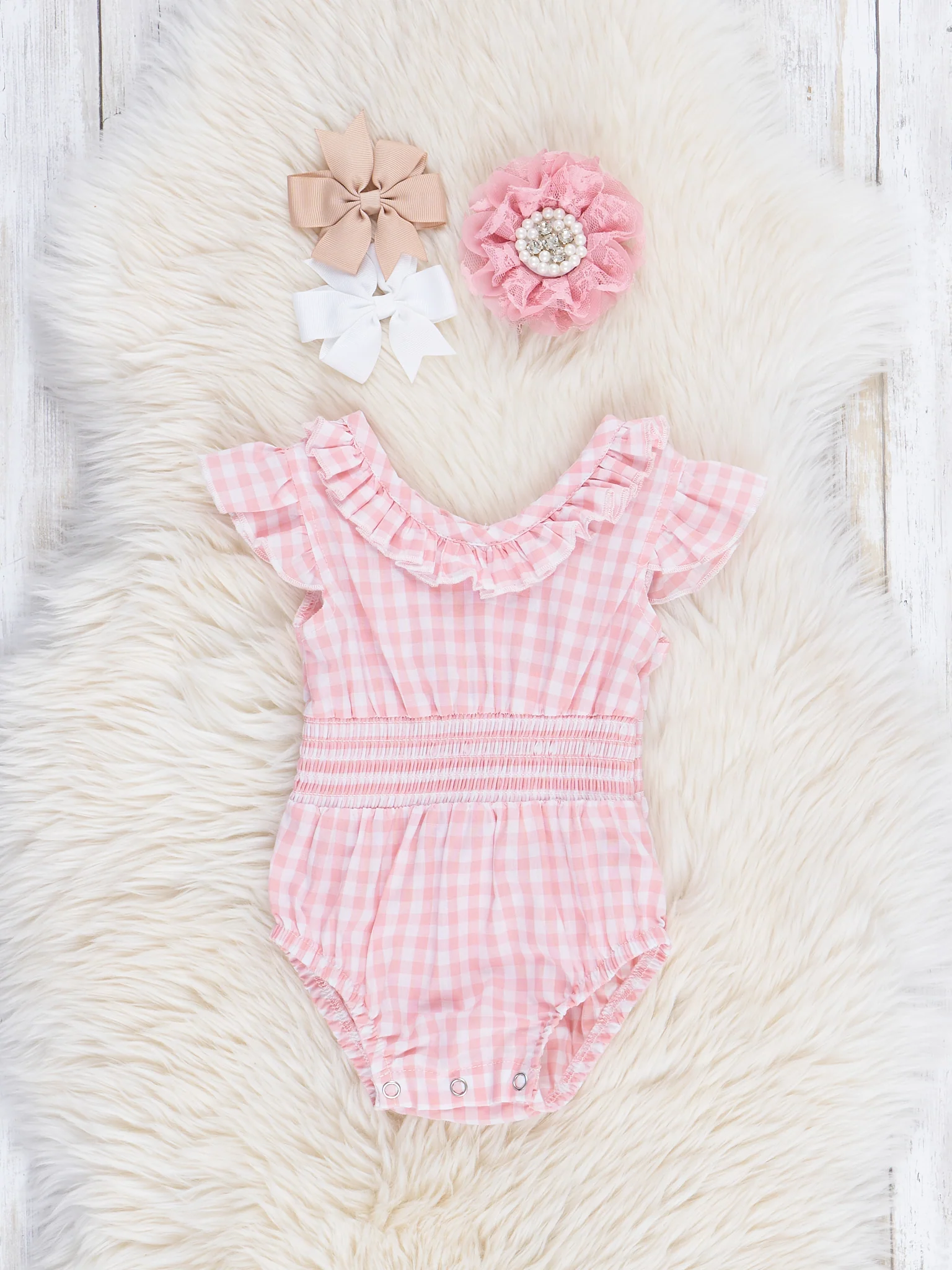 Soft Pink Gingham Ruffle Bubble Romper