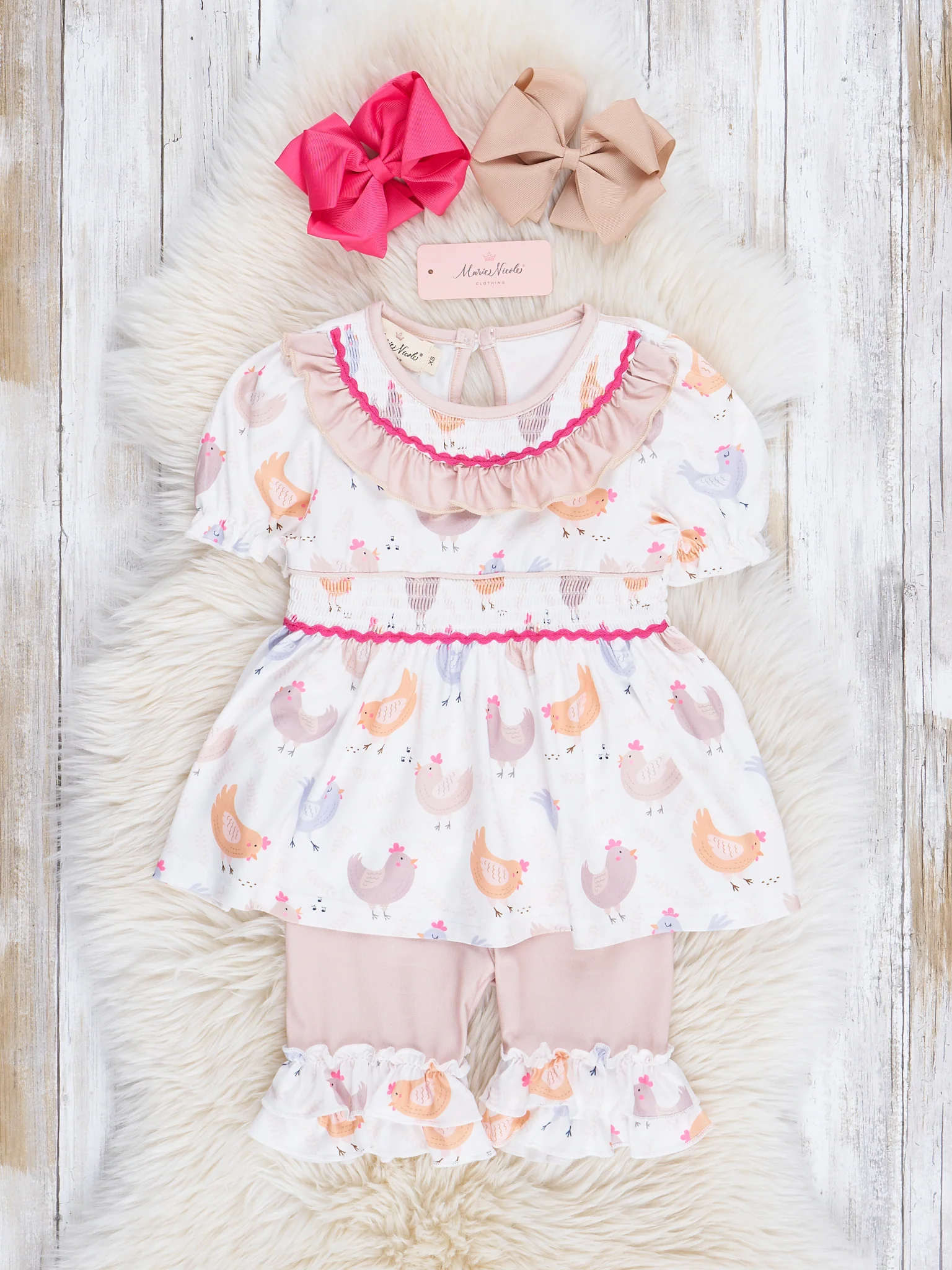 Soft Tan Smocked Chickens Ruffle Outfit - Image 2