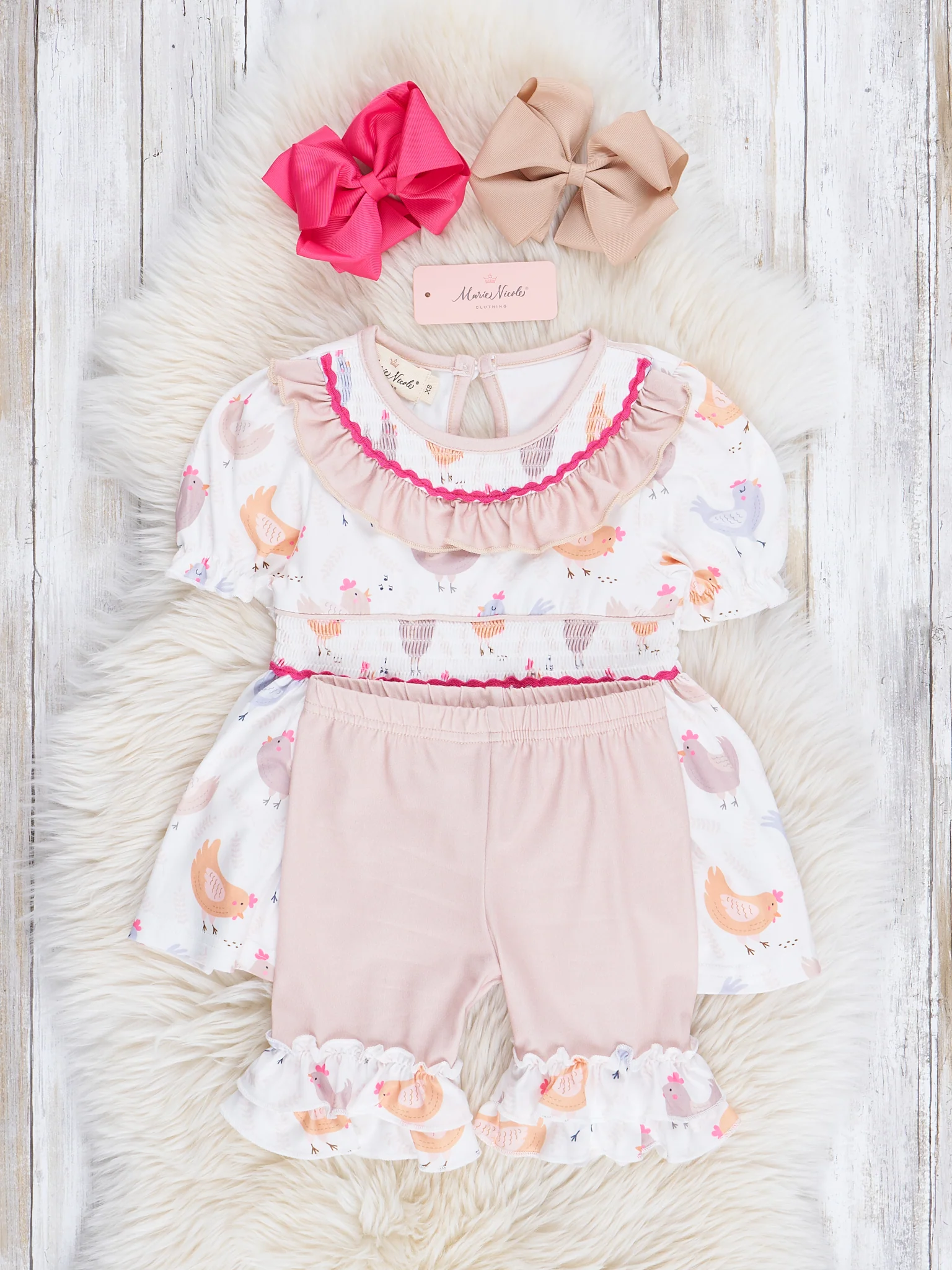 Soft Tan Smocked Chickens Ruffle Outfit - Image 3