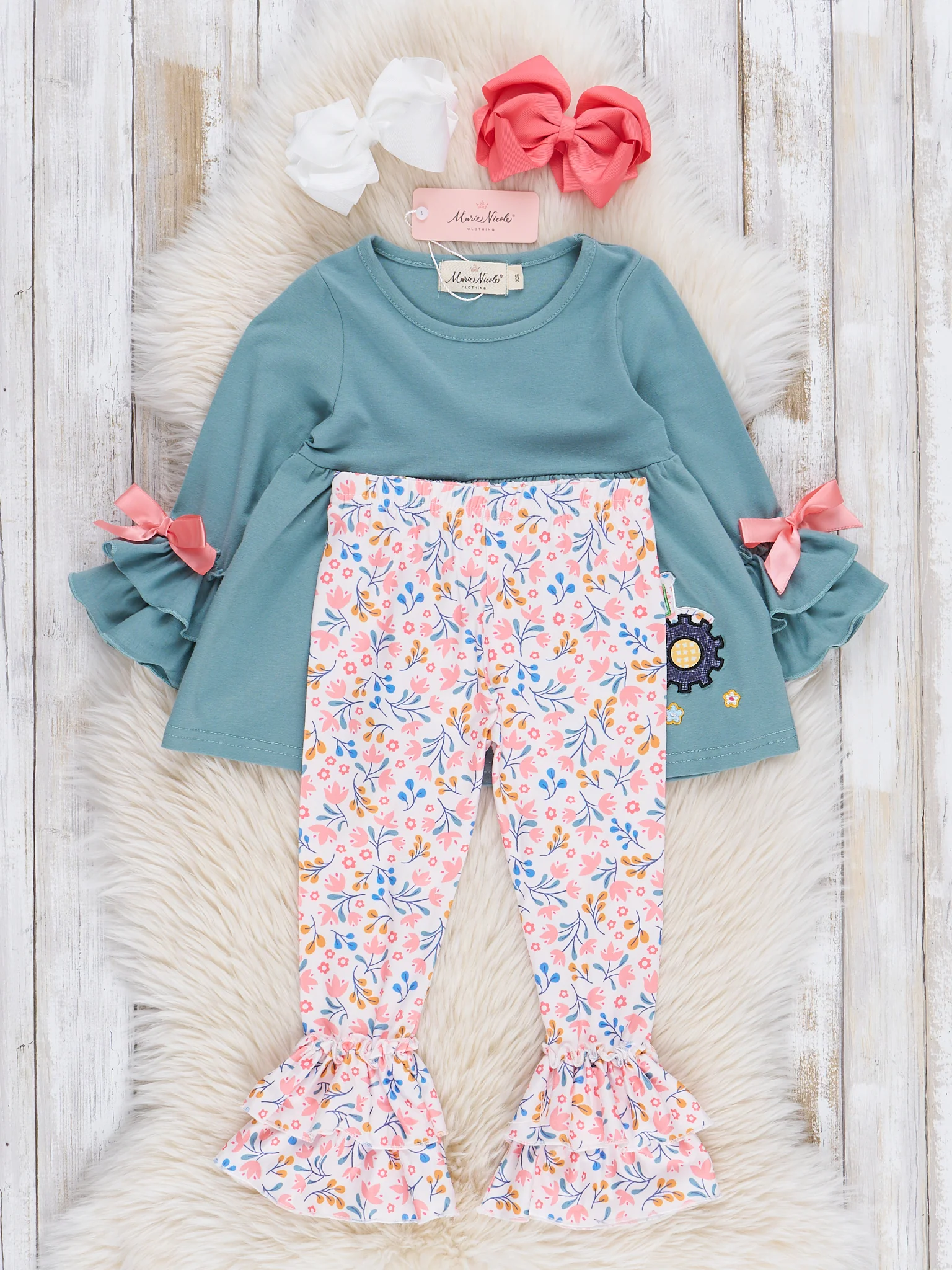 Soft Teal Floral Embroidered Tractor Outfit - Image 2