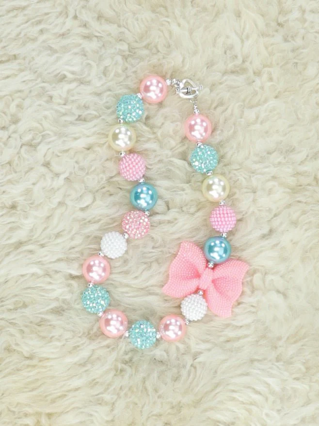 Sparkly Bow Blue/Pink Bubblegum Necklace