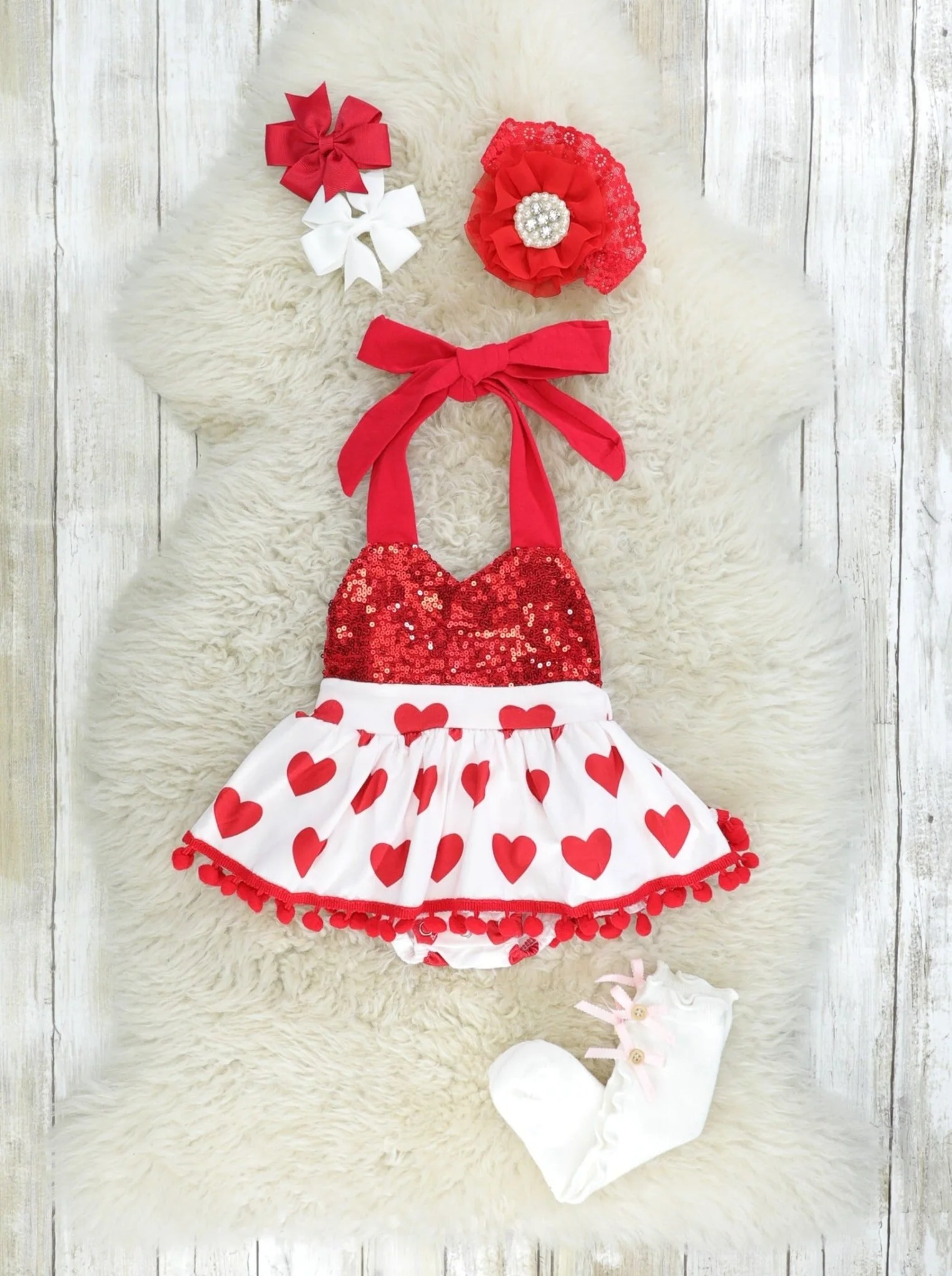 Sparkly Red Heart Tie Dressy Romper