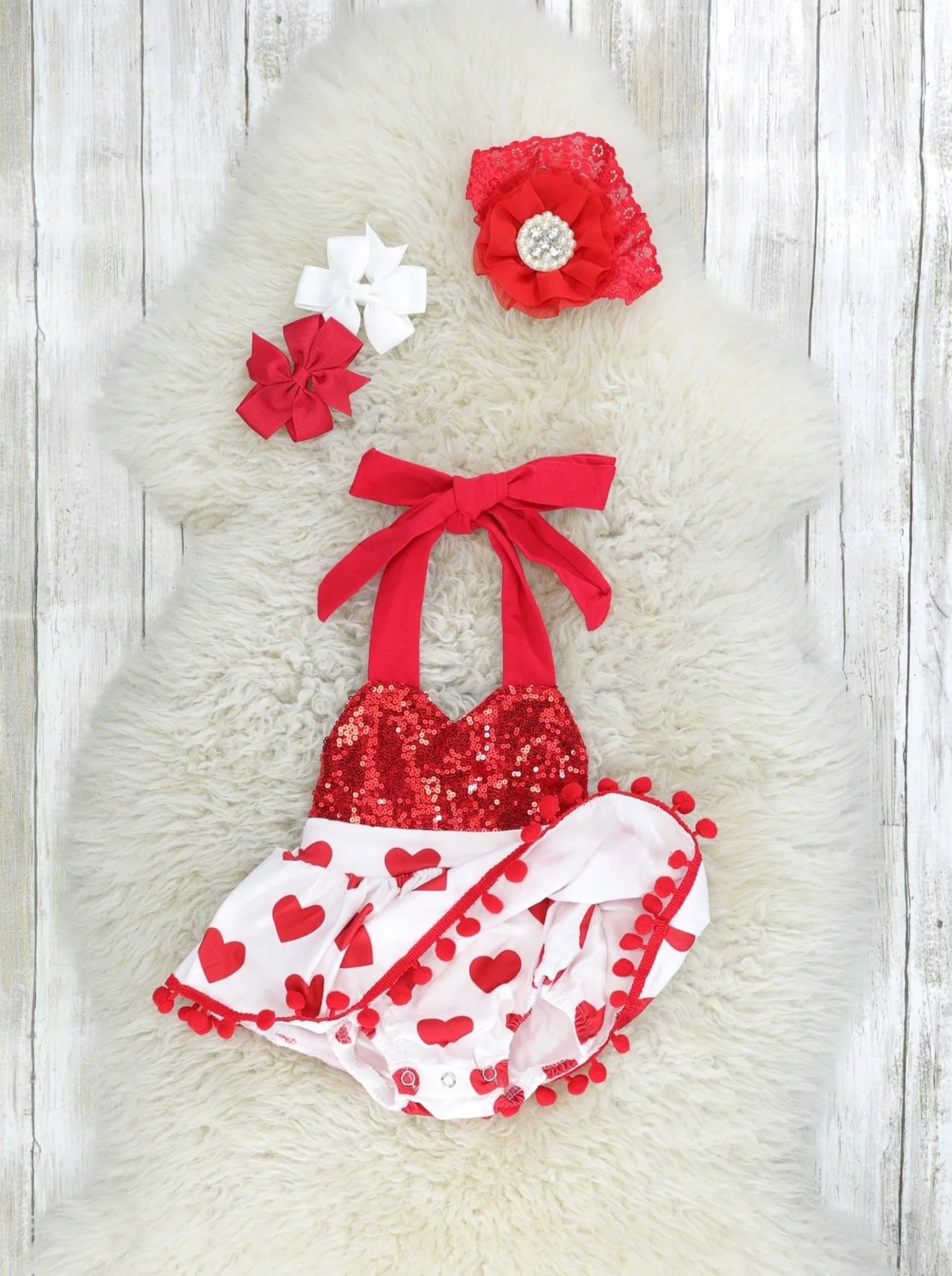 Sparkly Red Heart Tie Dressy Romper - Image 2