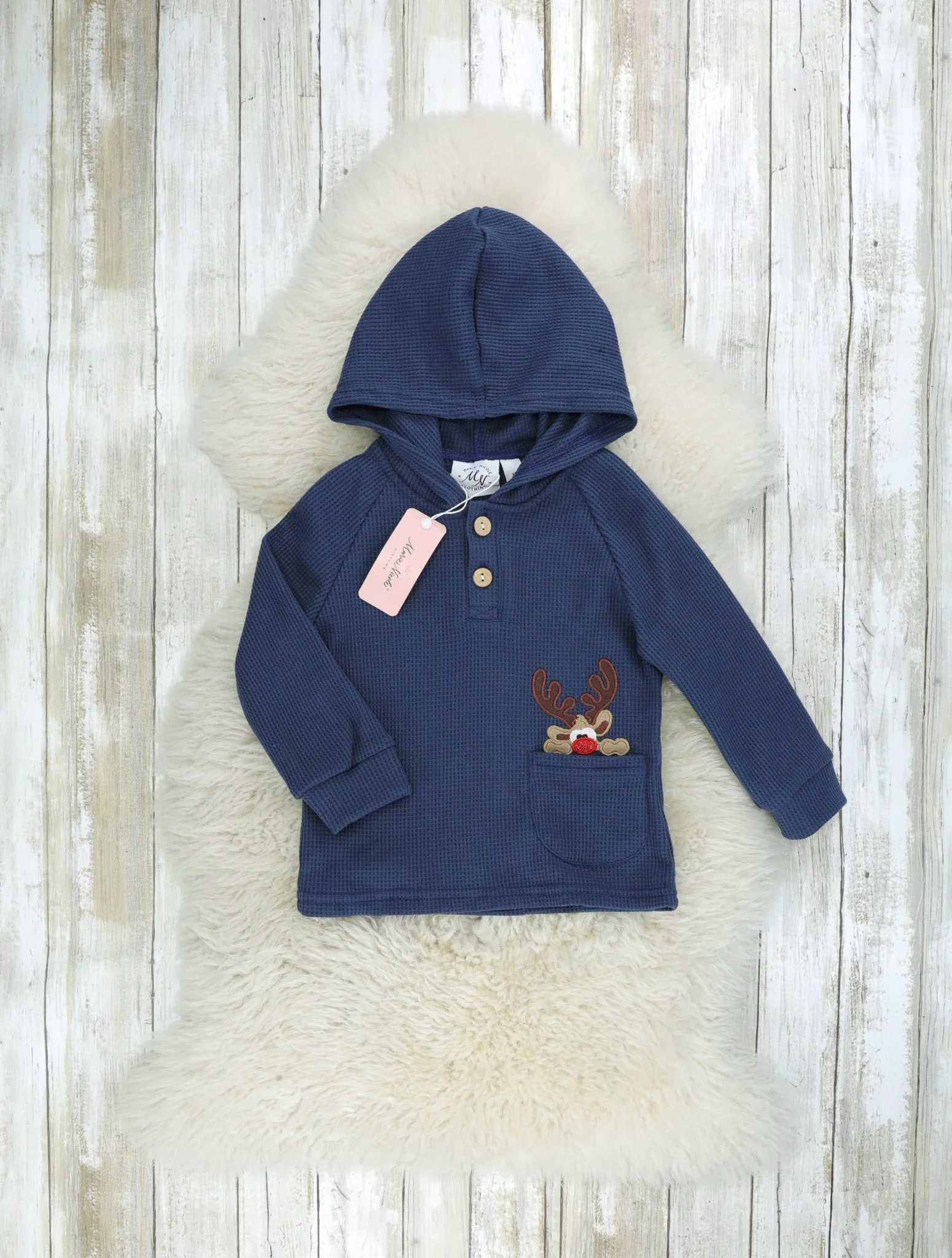 Spruce Blue Reindeer Pocket Hoodie