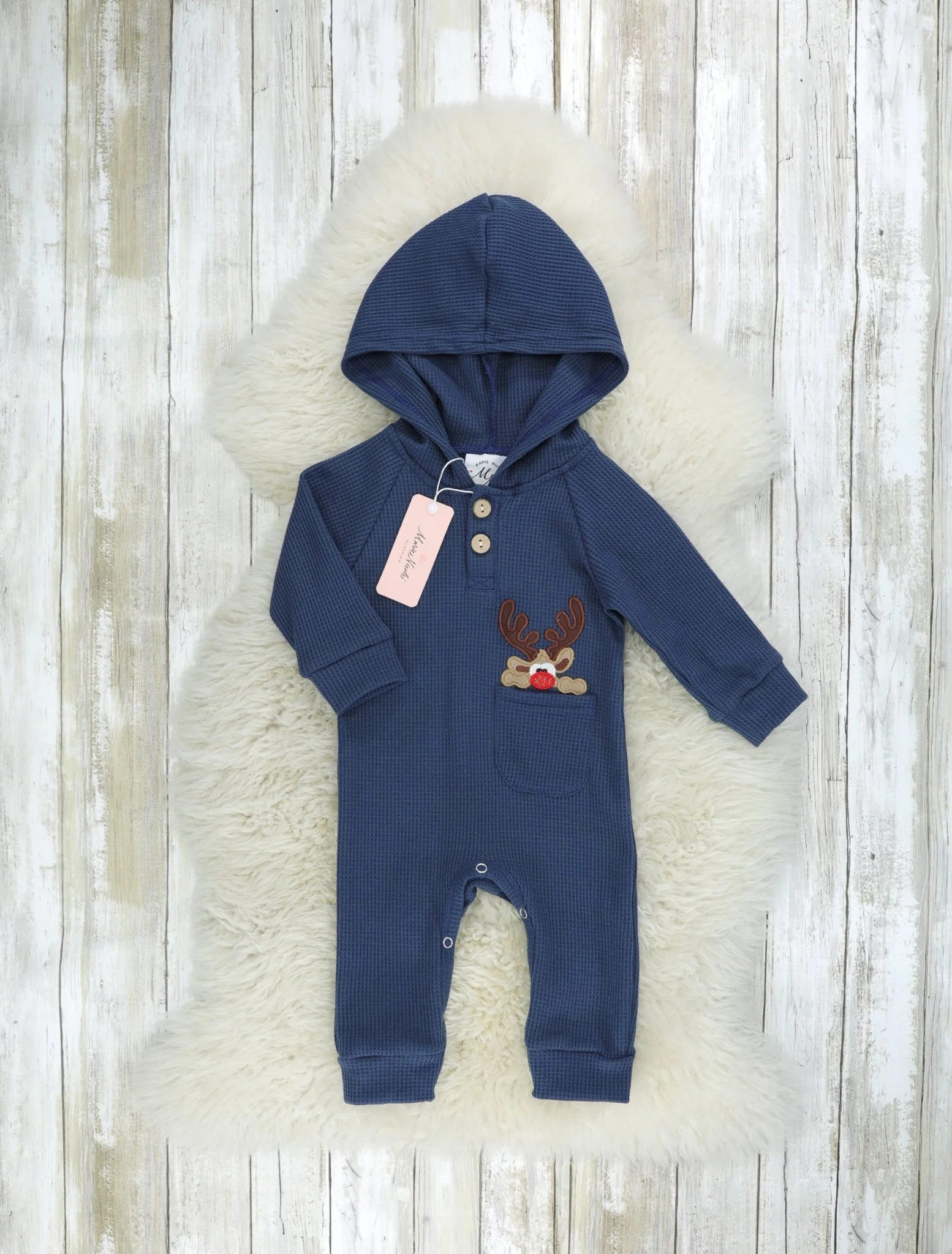 Spruce Blue Reindeer Pocket Hoodie Romper - Image 2