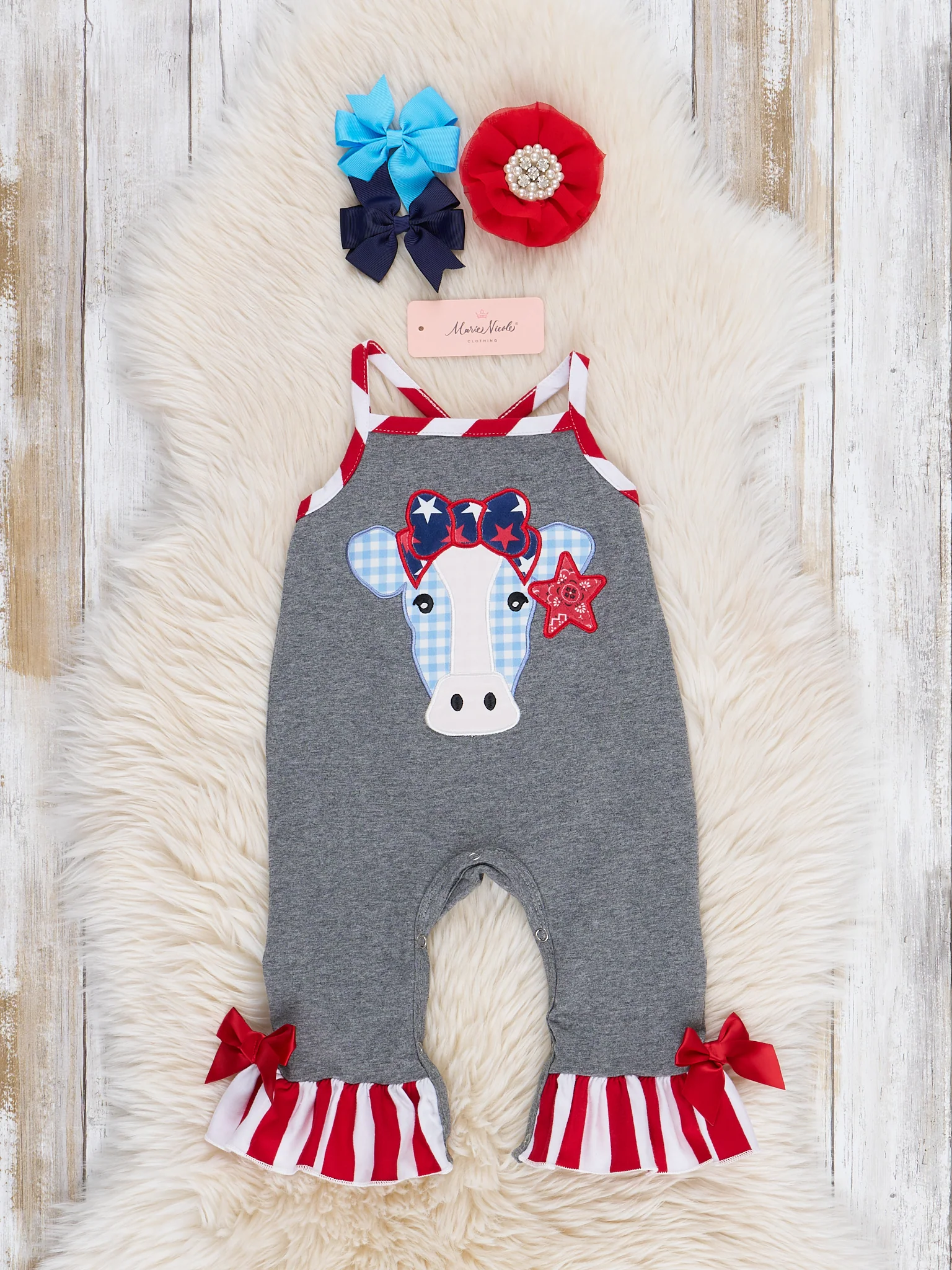 Stars & Stripes Cow Ruffle Romper