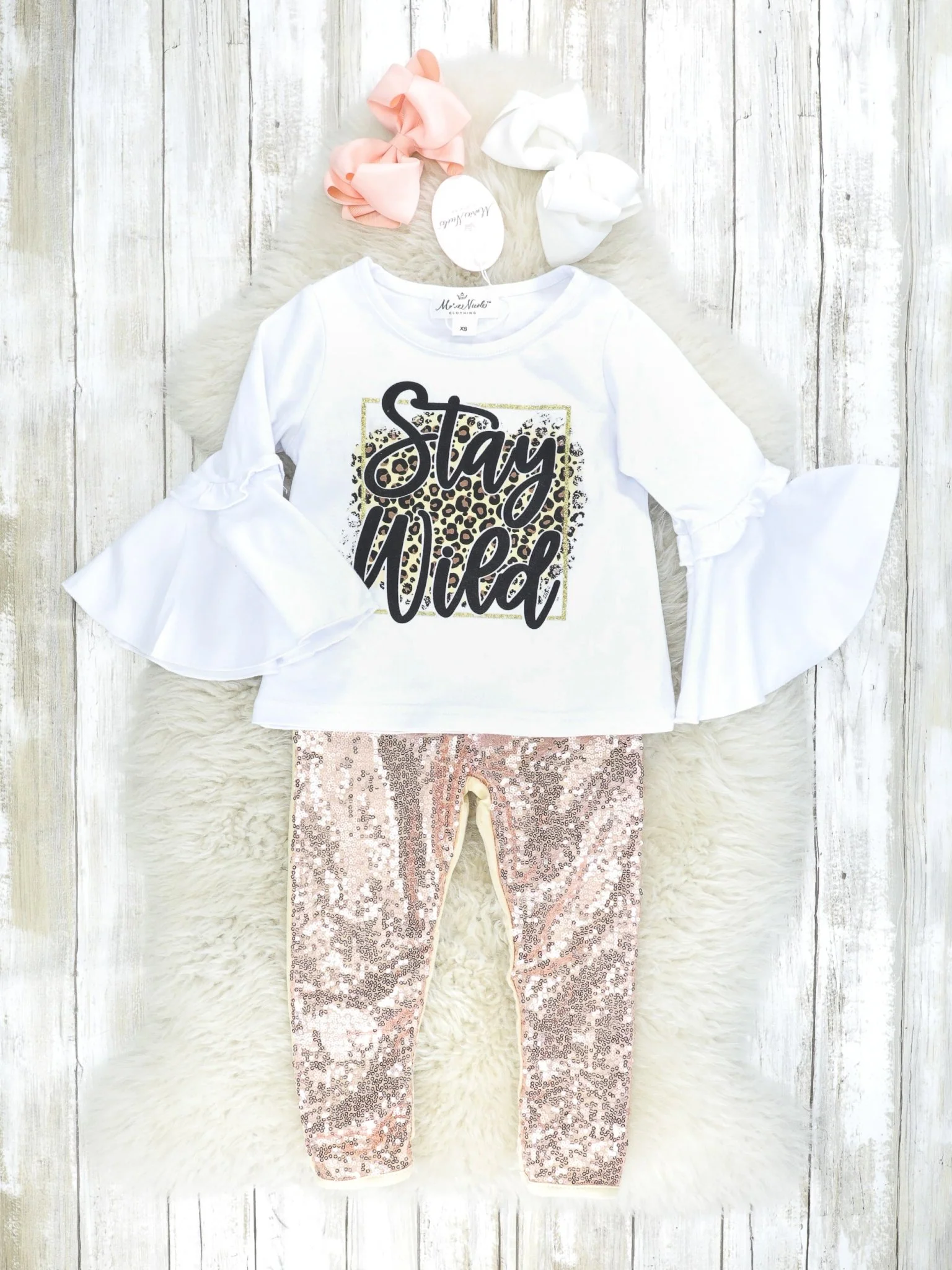 "Stay Wild" Leopard Bell Sleeve Top & Gold Sequin Joggers Outfit