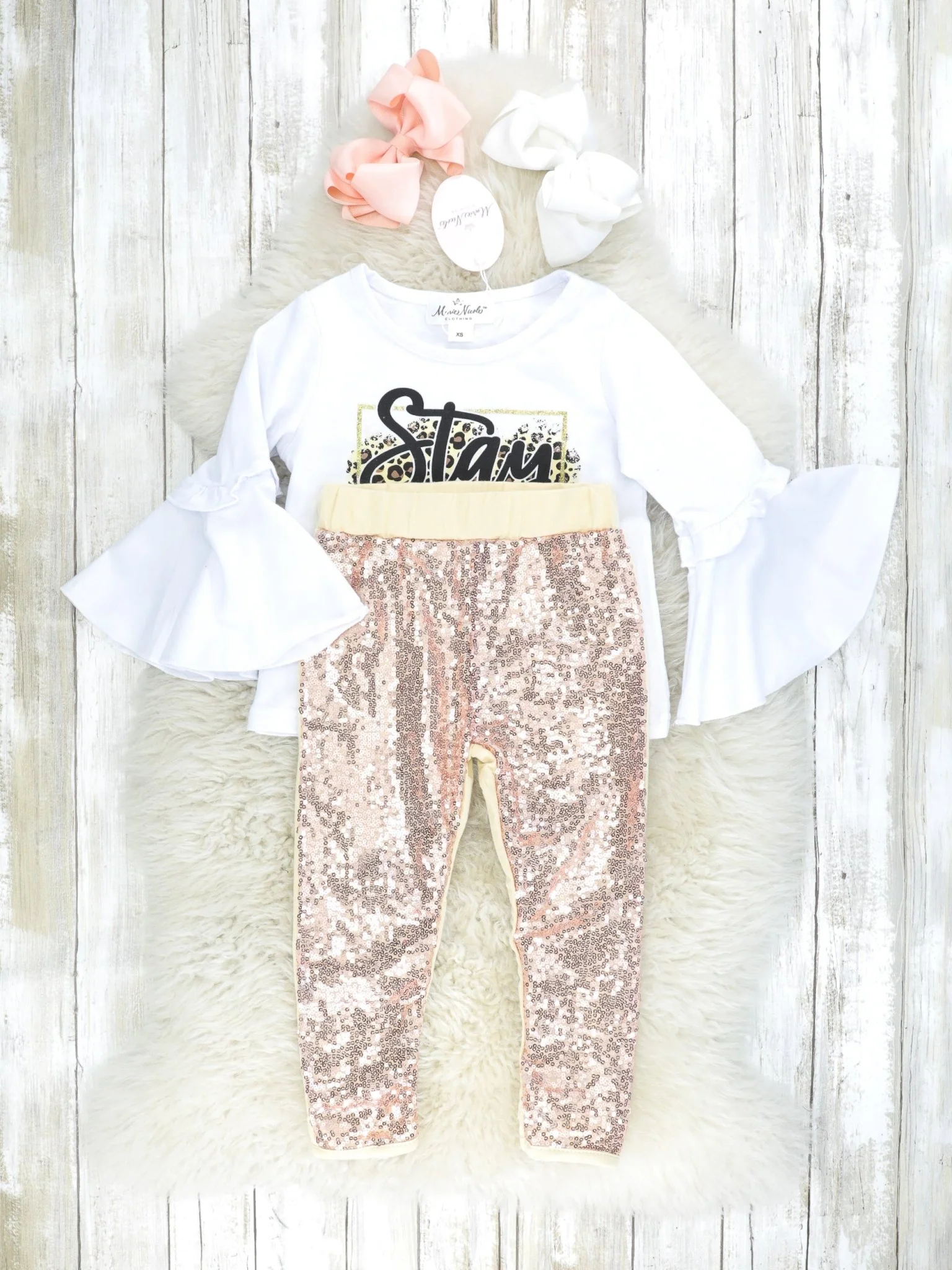 "Stay Wild" Leopard Bell Sleeve Top & Gold Sequin Joggers Outfit - Image 2