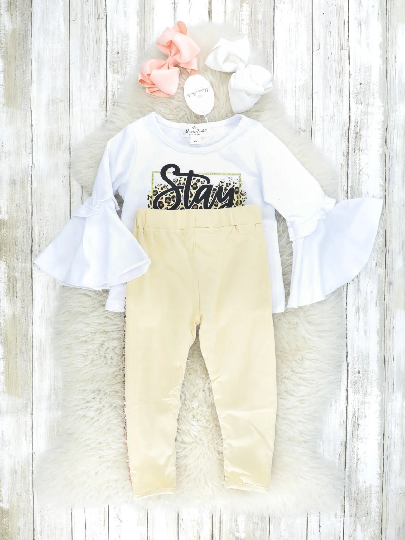 "Stay Wild" Leopard Bell Sleeve Top & Gold Sequin Joggers Outfit - Image 3
