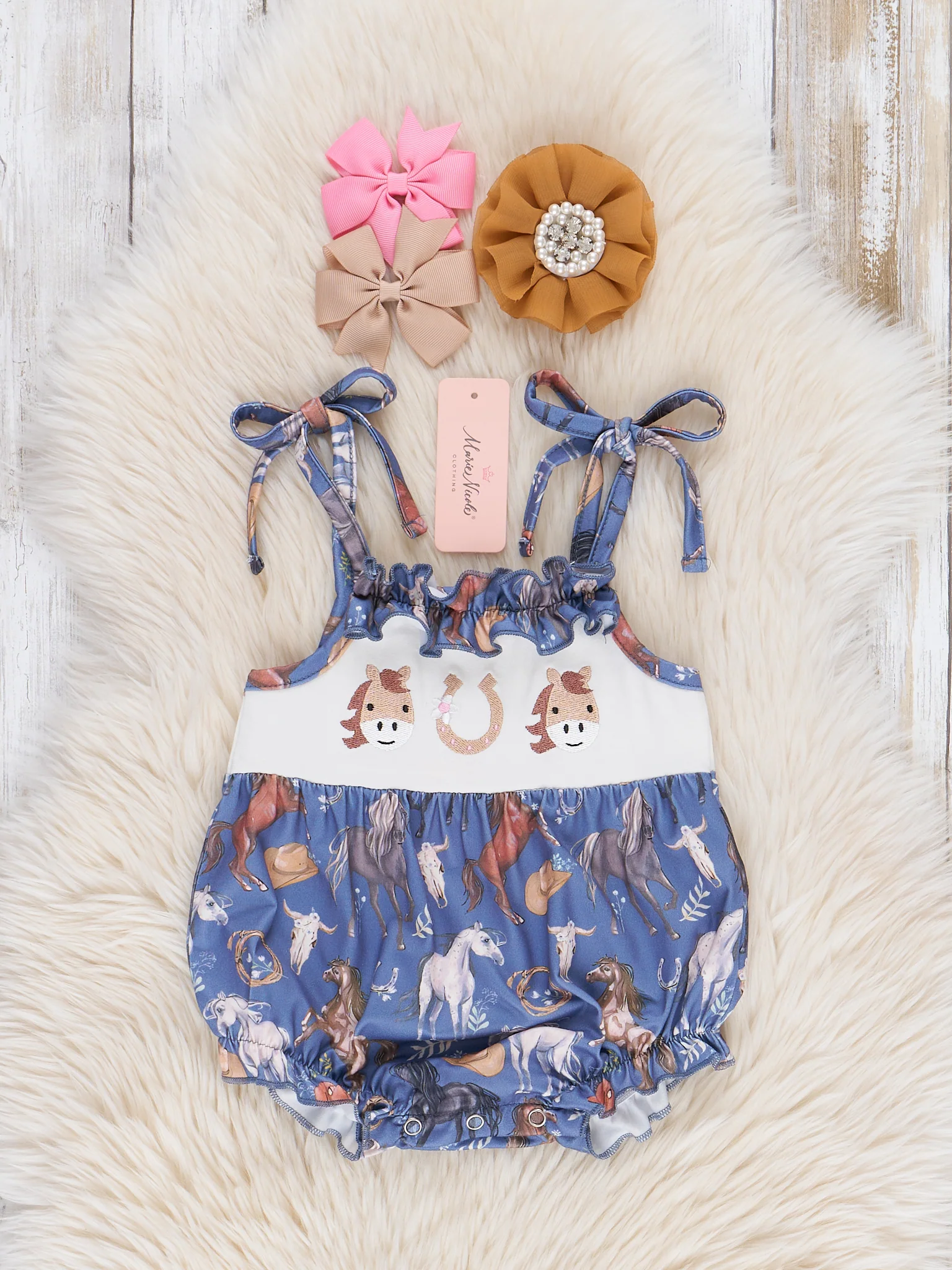 Steel Blue Horse Embroidered Ruffle Bubble Romper