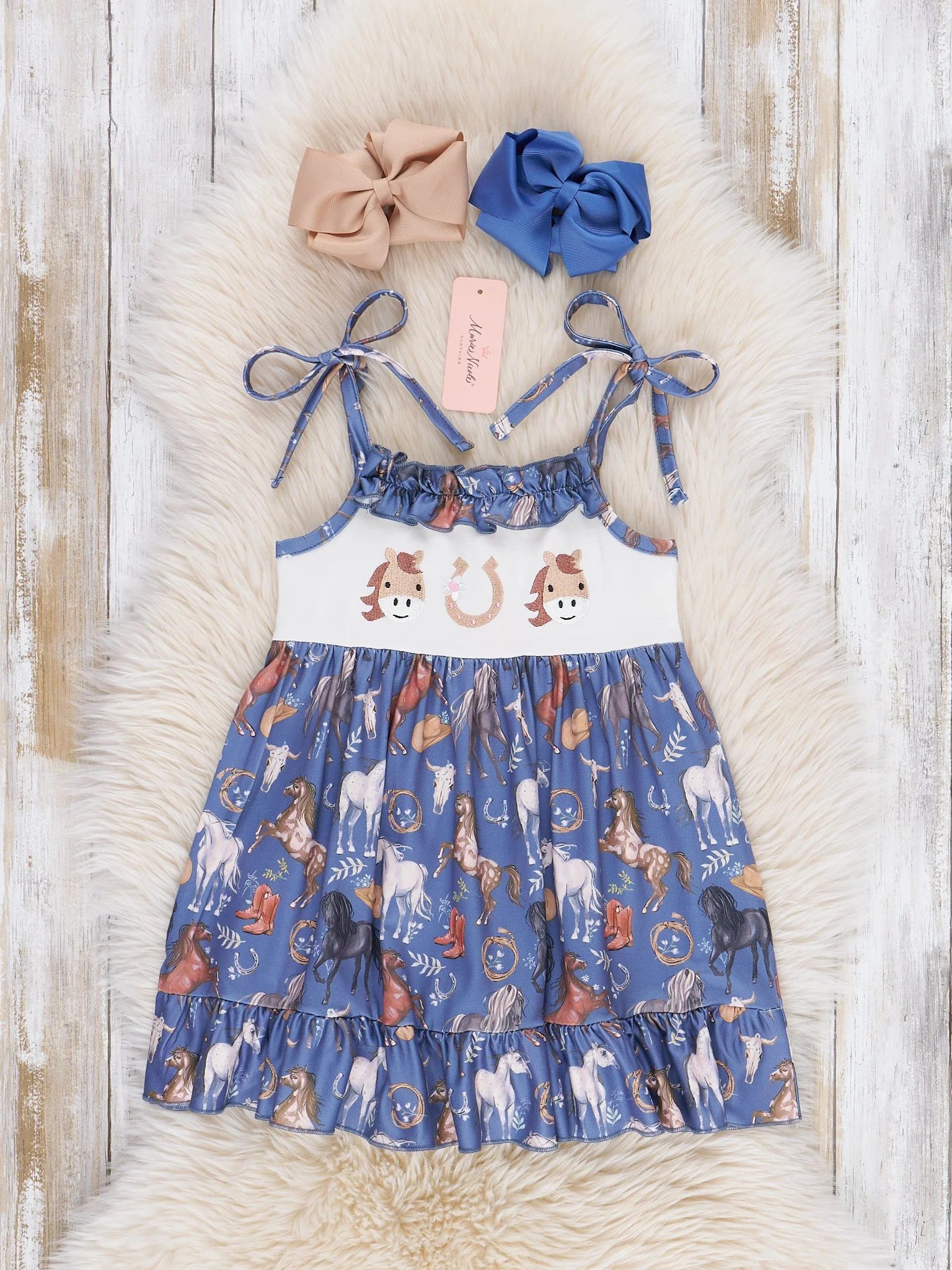 Steel Blue Horse Embroidered Ruffle Dress - Image 2