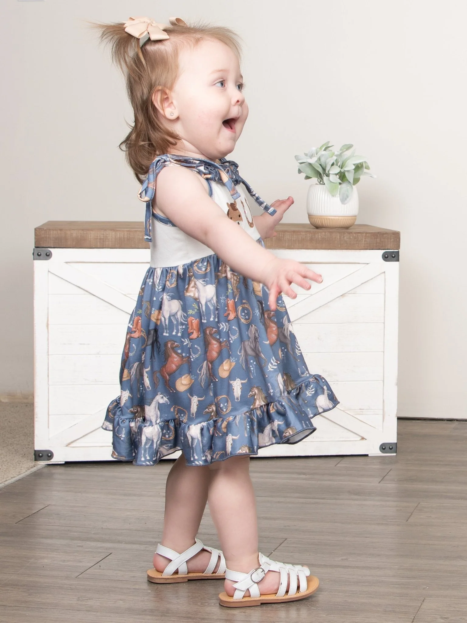 Steel Blue Horse Embroidered Ruffle Dress - Image 4