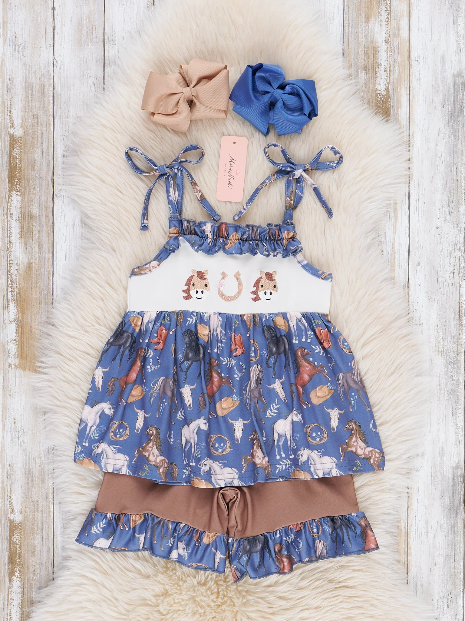 Steel Blue Horse Embroidered Ruffle Outfit - Image 2
