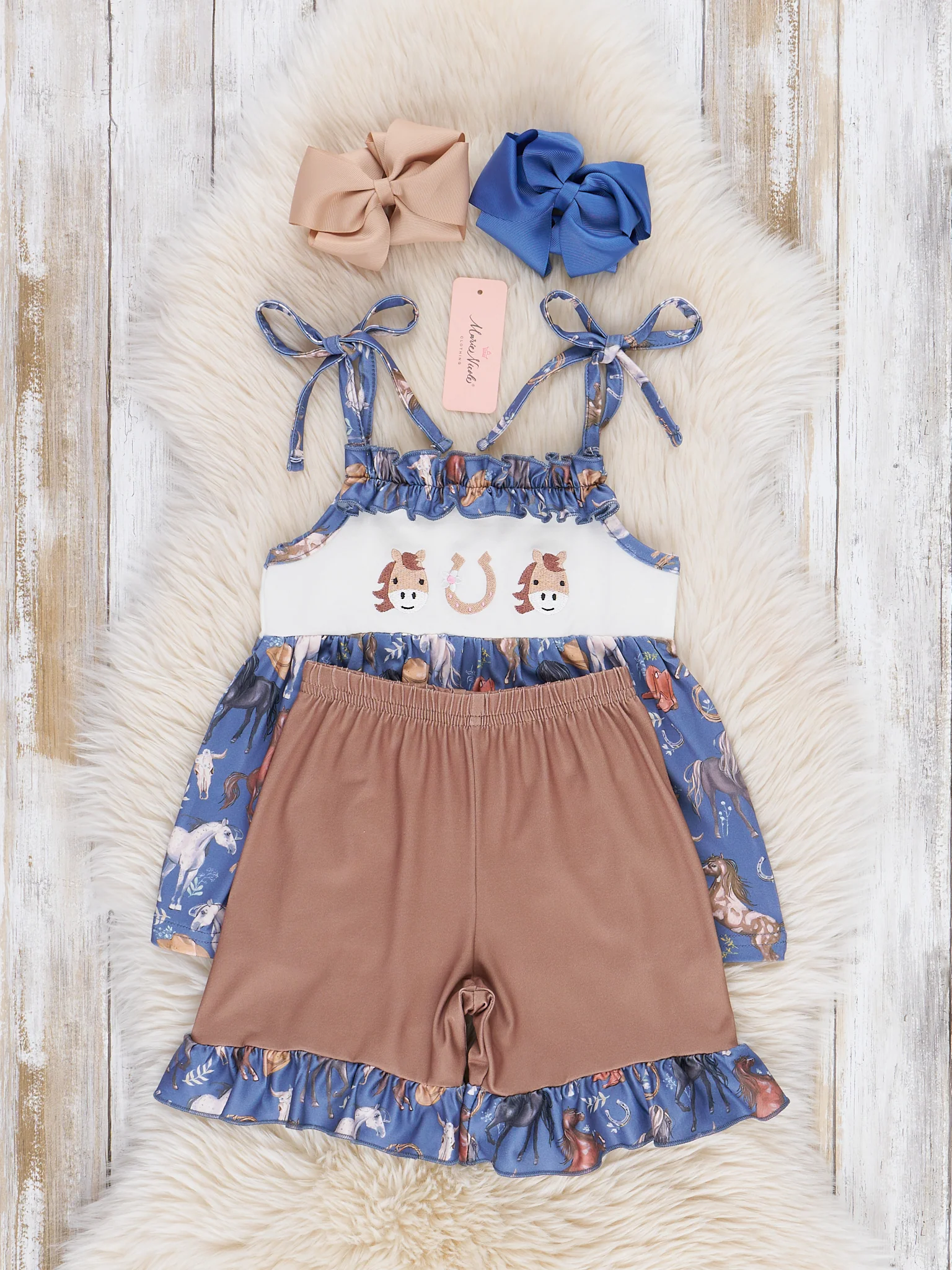 Steel Blue Horse Embroidered Ruffle Outfit - Image 3