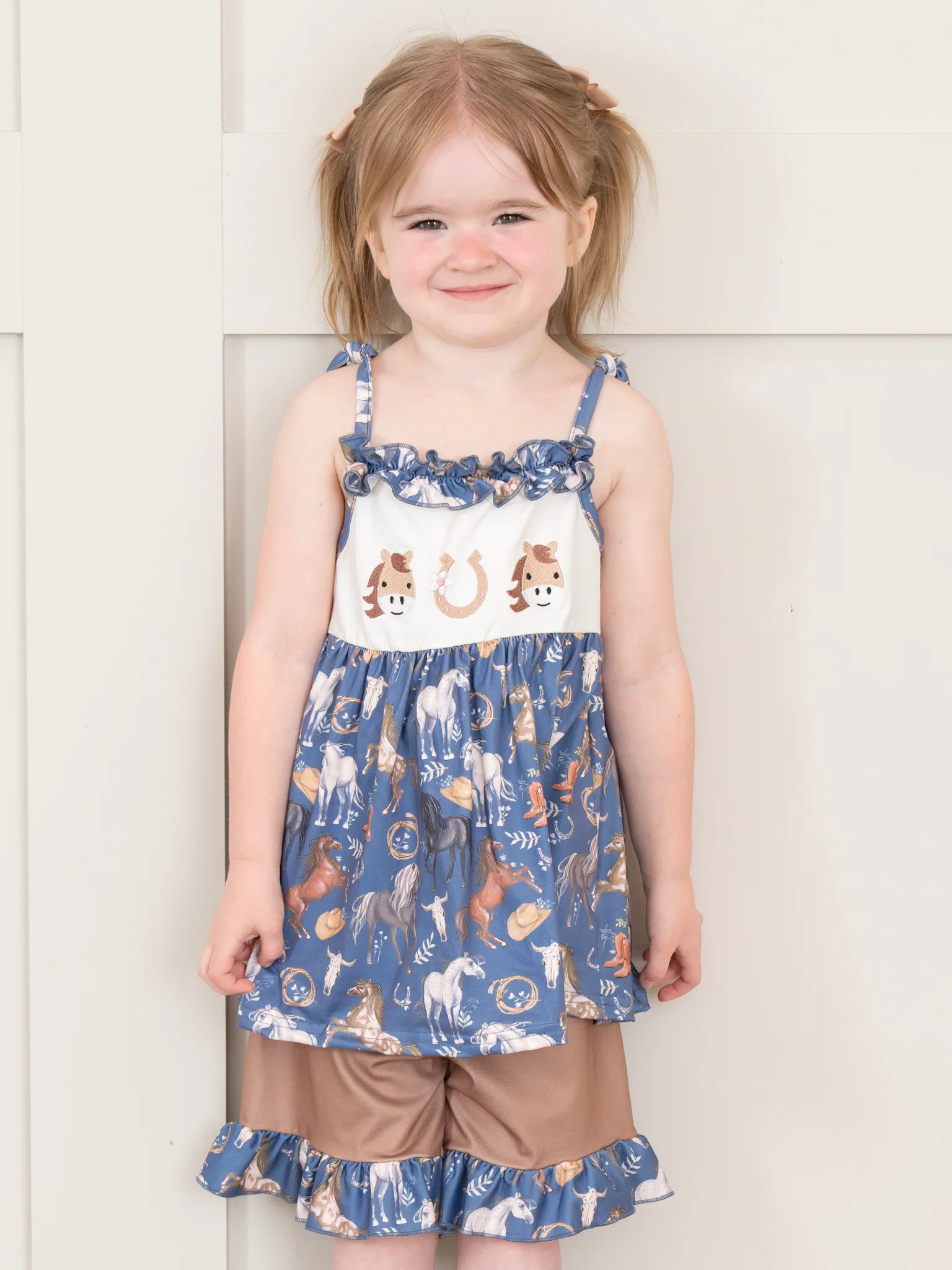 Steel Blue Horse Embroidered Ruffle Outfit - Image 5