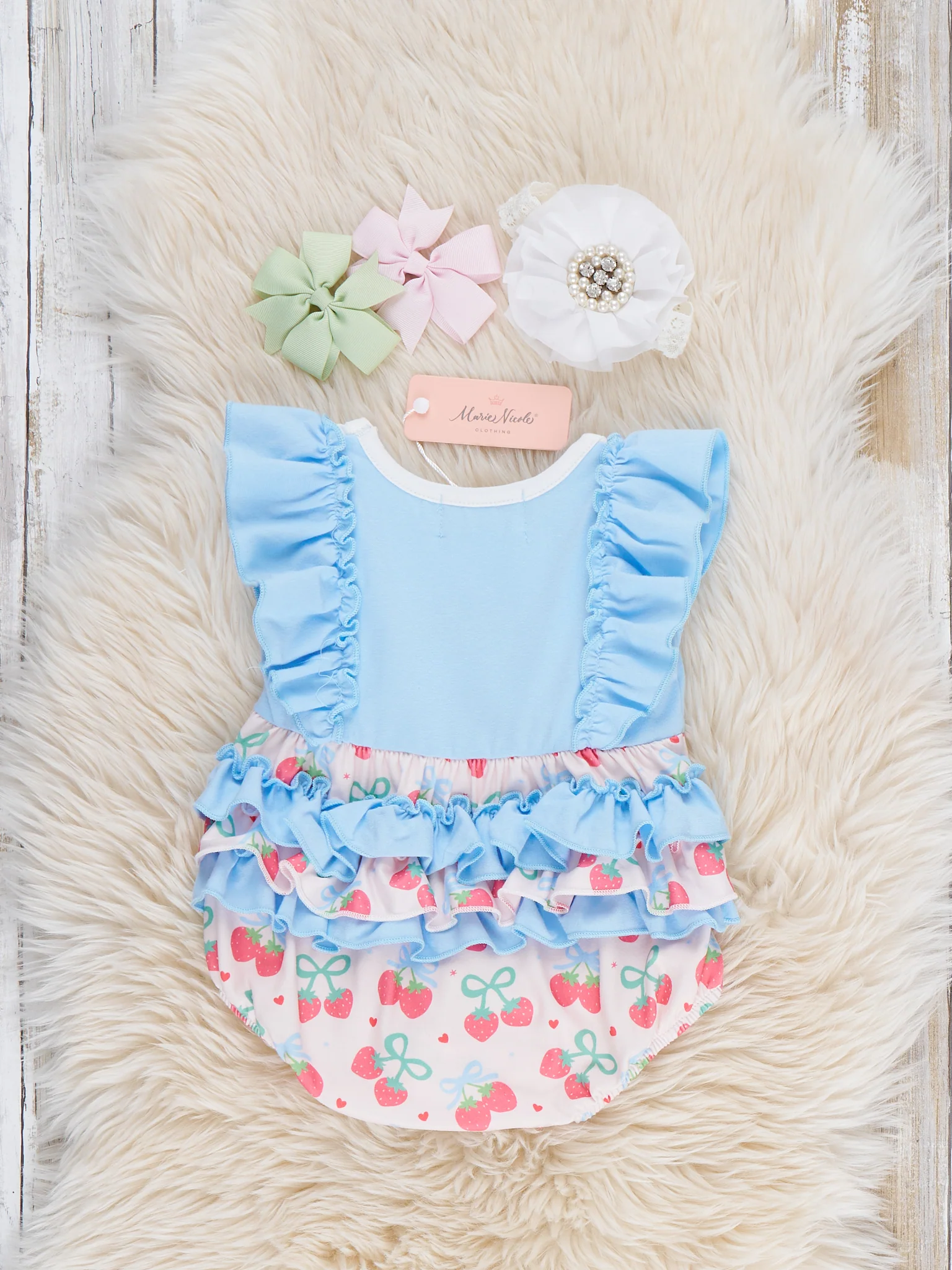 Strawberry Bow Embroidered Ruffle Bubble Romper - Image 3