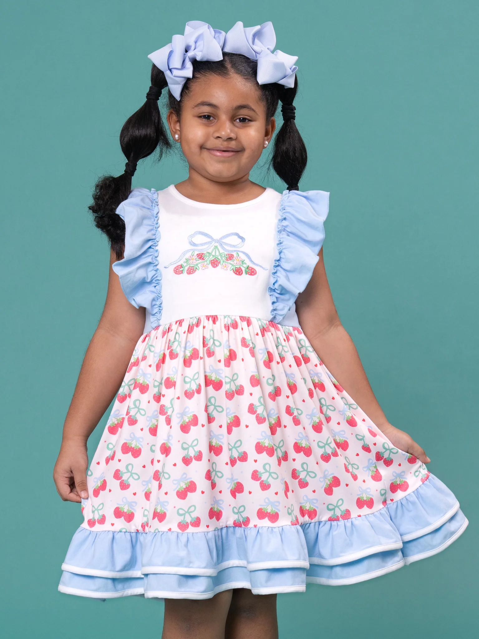 Strawberry Bow Embroidered Ruffle Dress - Image 3