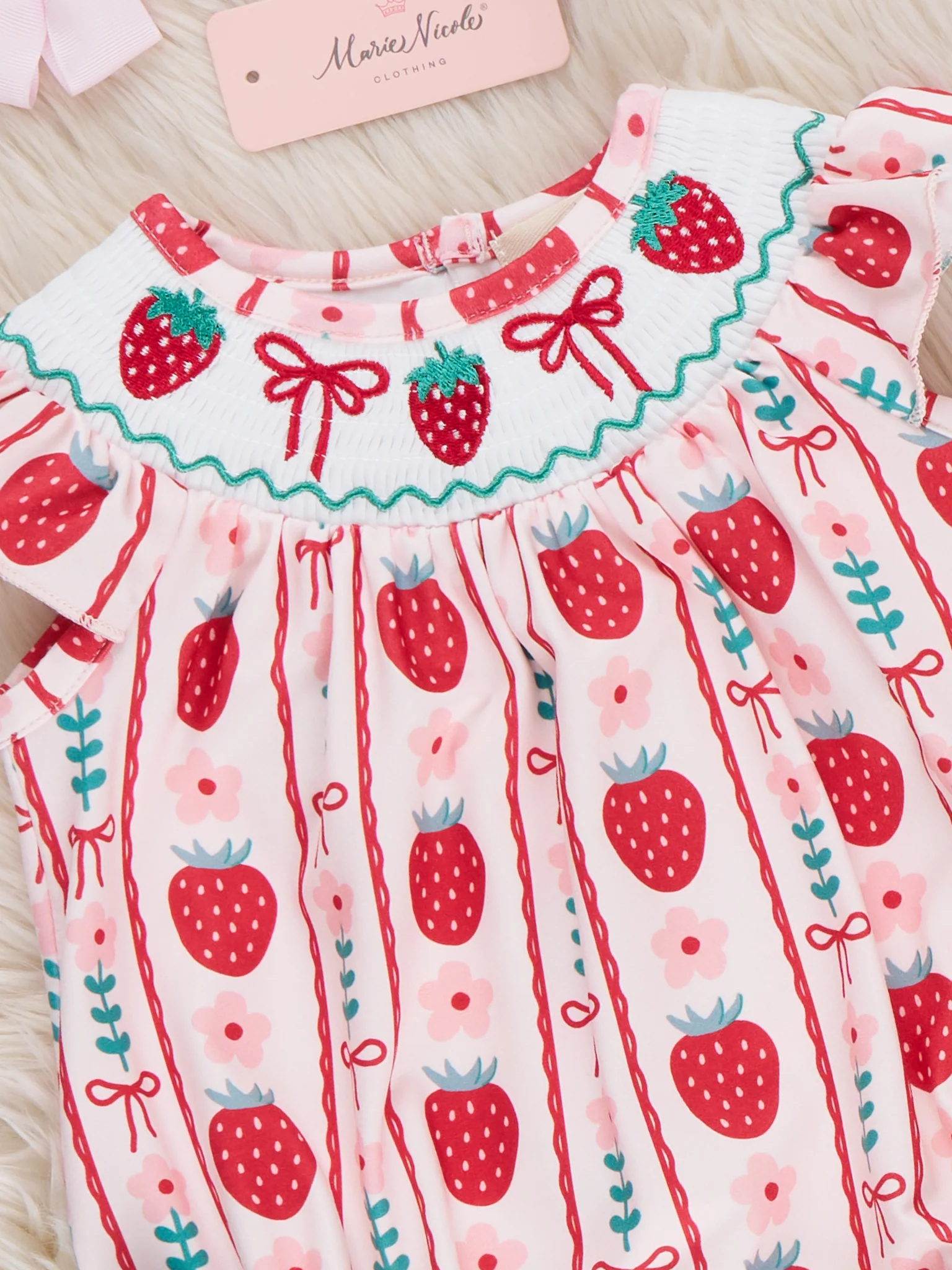 Strawberry Rows Smocked Bubble Romper - Image 2