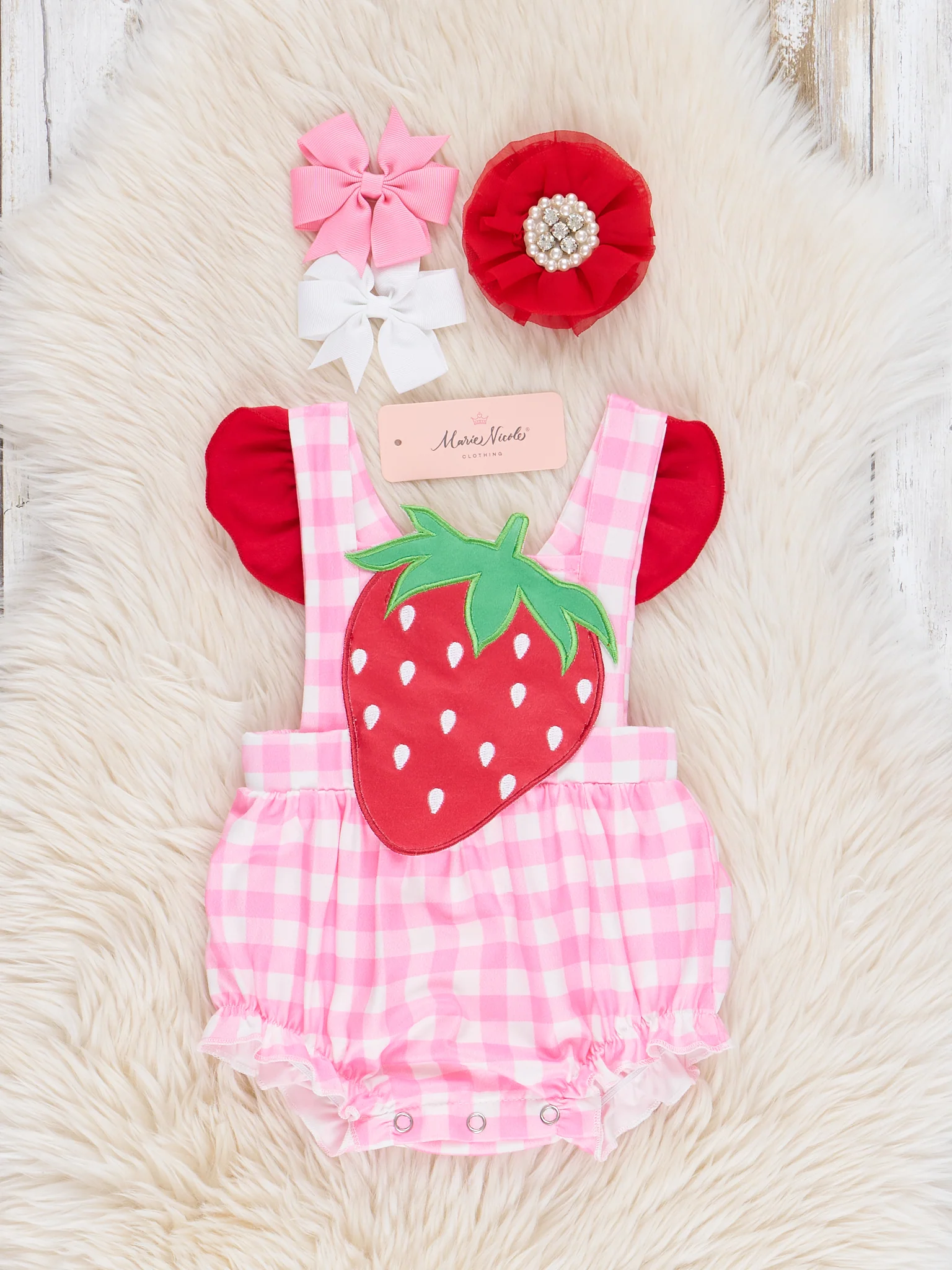 Strawberry Sweetness Embroidered Gingham Ruffle Bubble Romper