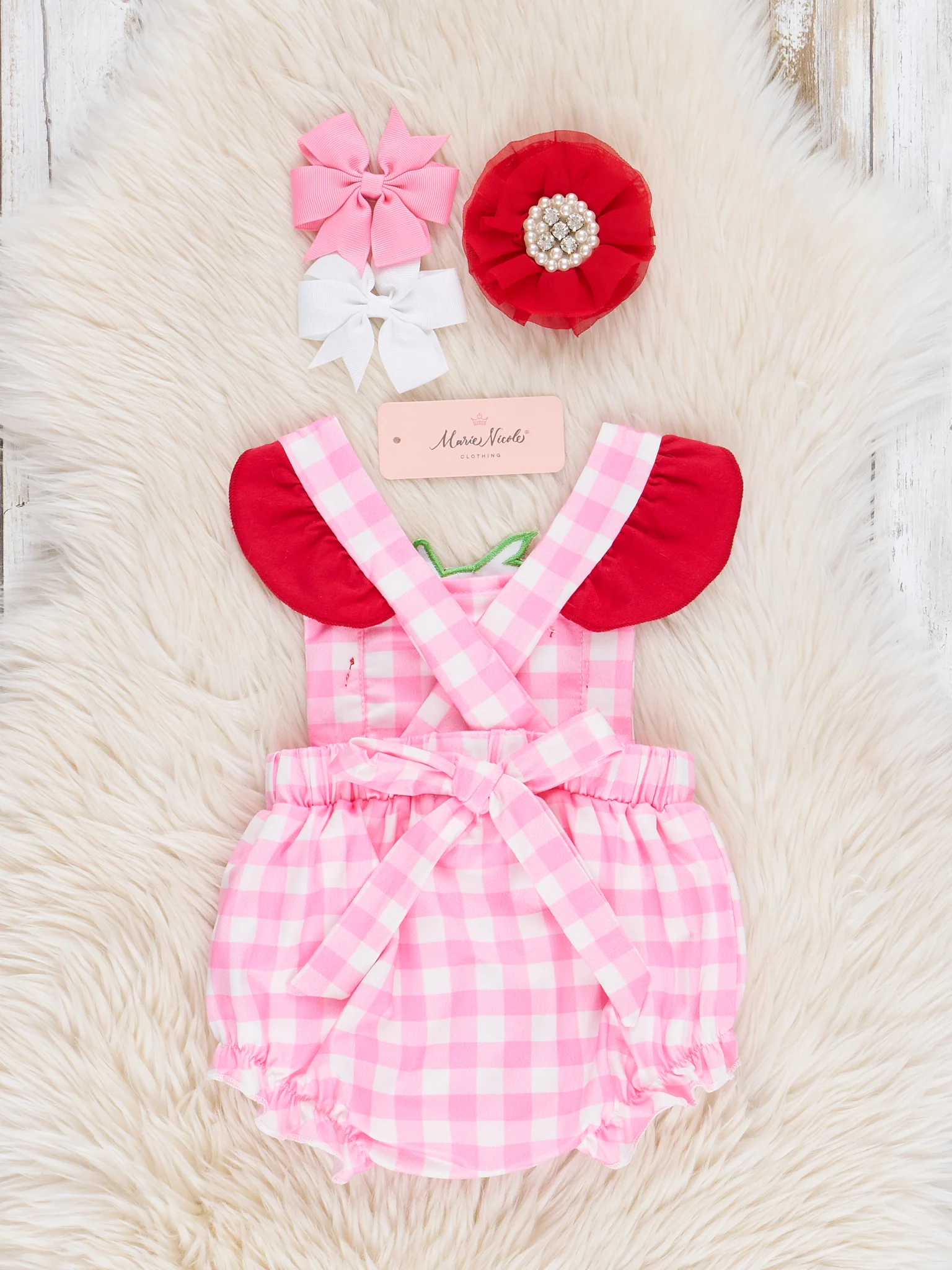 Strawberry Sweetness Embroidered Gingham Ruffle Bubble Romper - Image 2