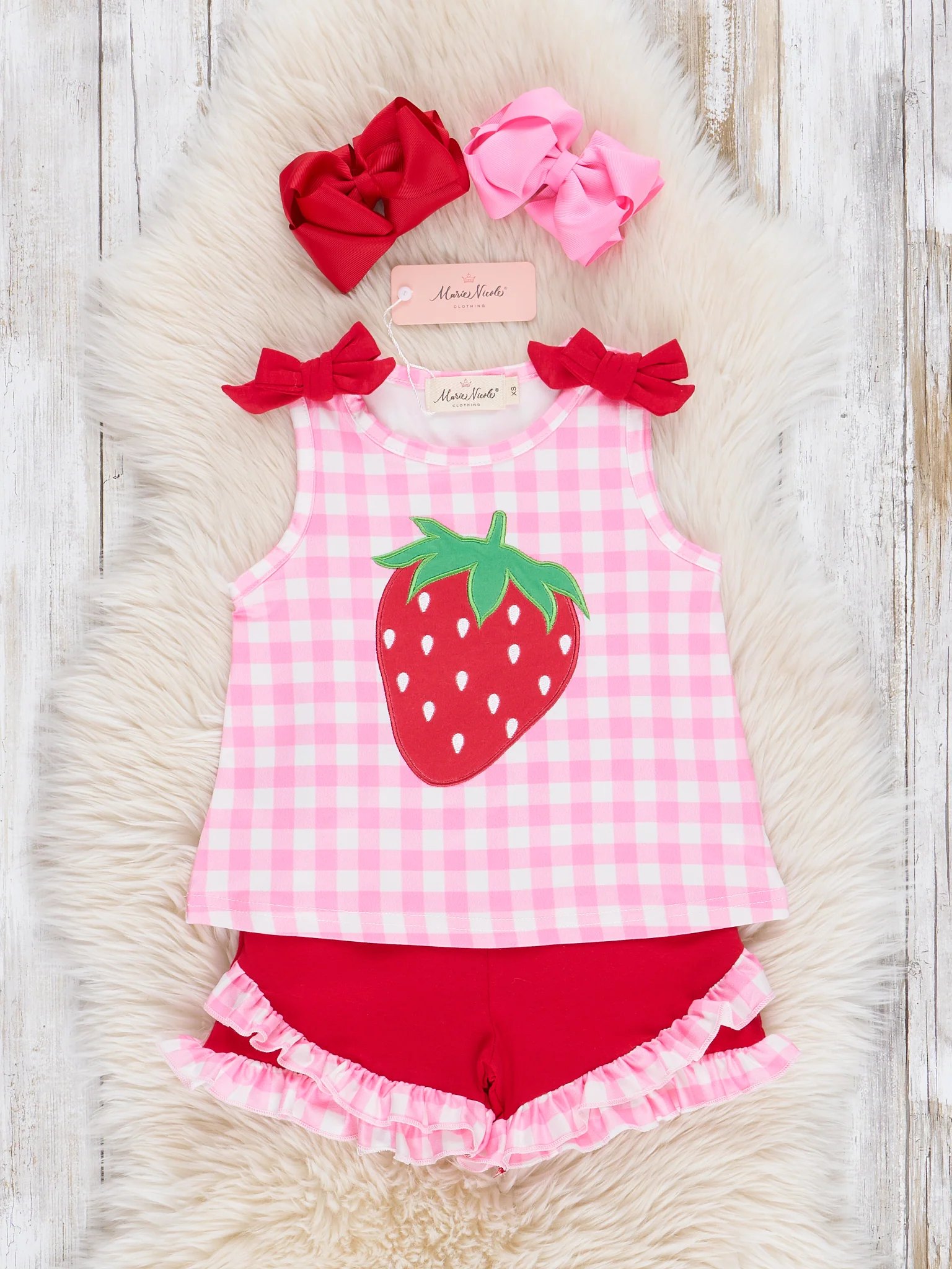 Strawberry Sweetness Embroidered Gingham Ruffle Outfit - Image 2