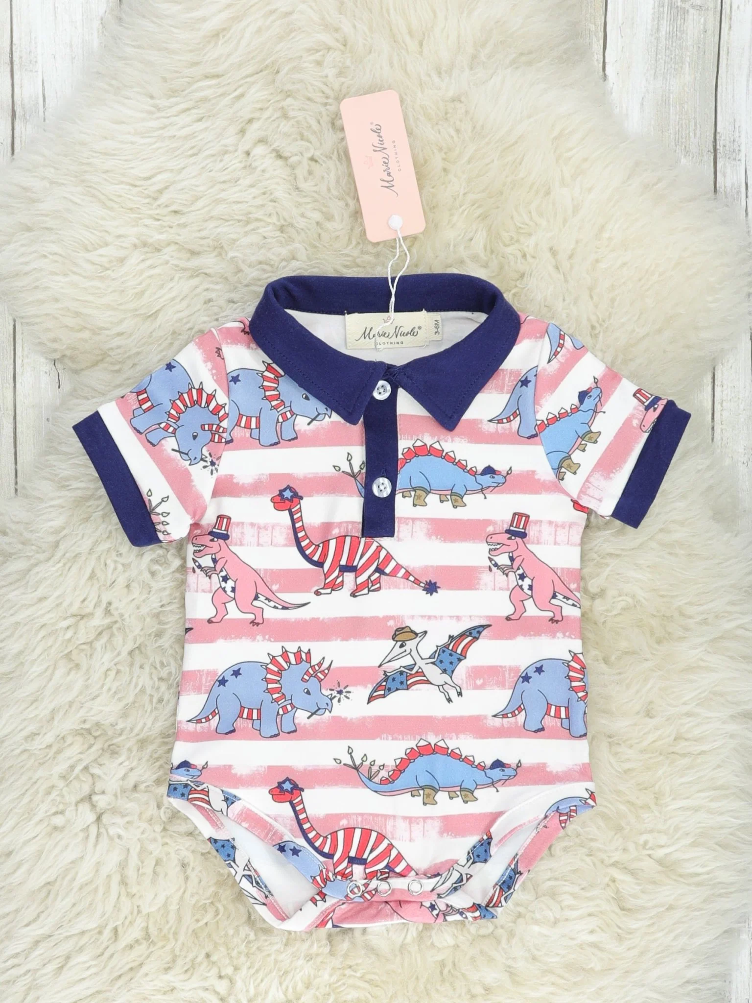 Stripe Dino Patriotic Polo Romper
