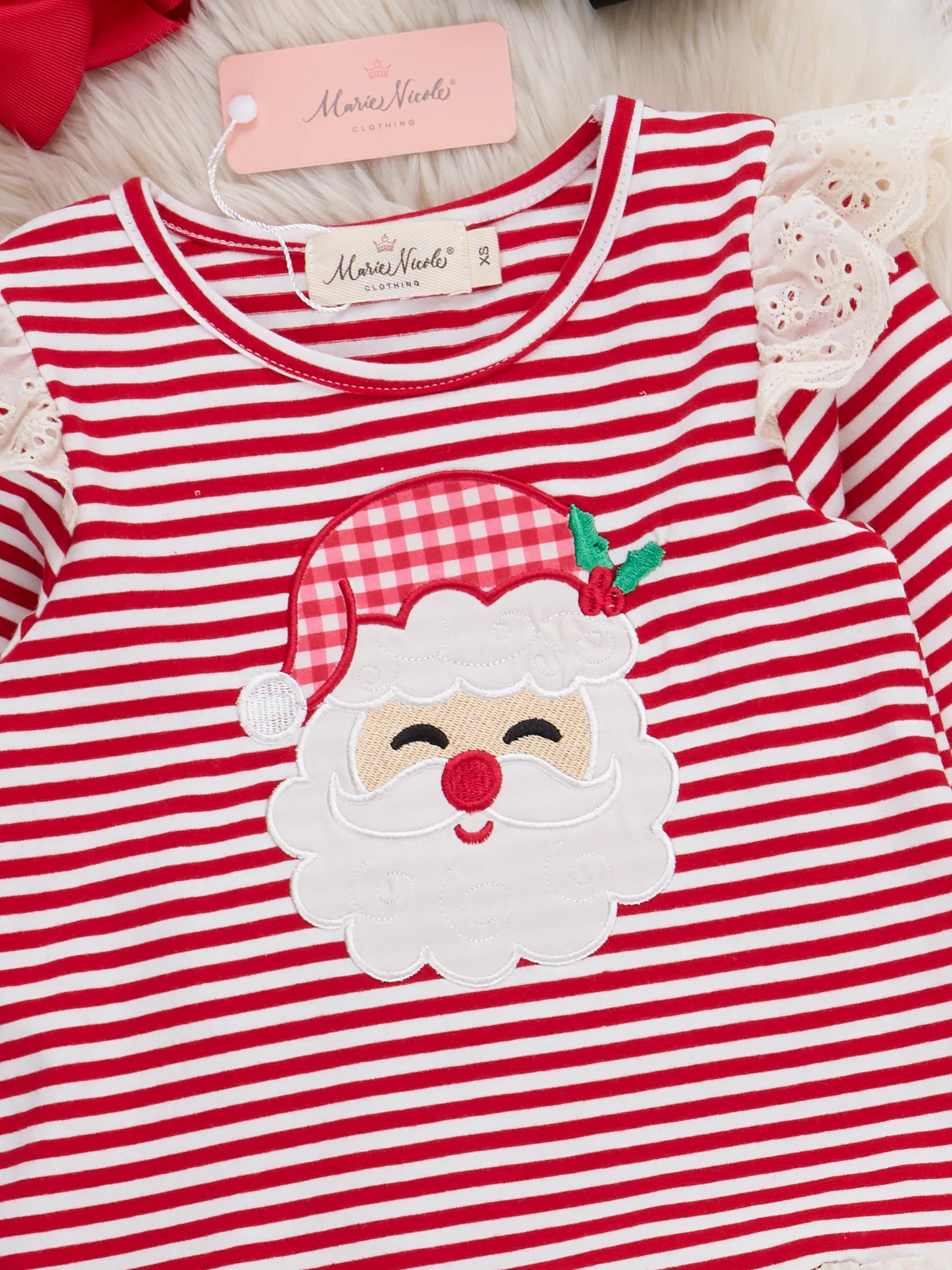 Stripe Santa Ensemble Embroidered Ruffle Outfit - Image 3