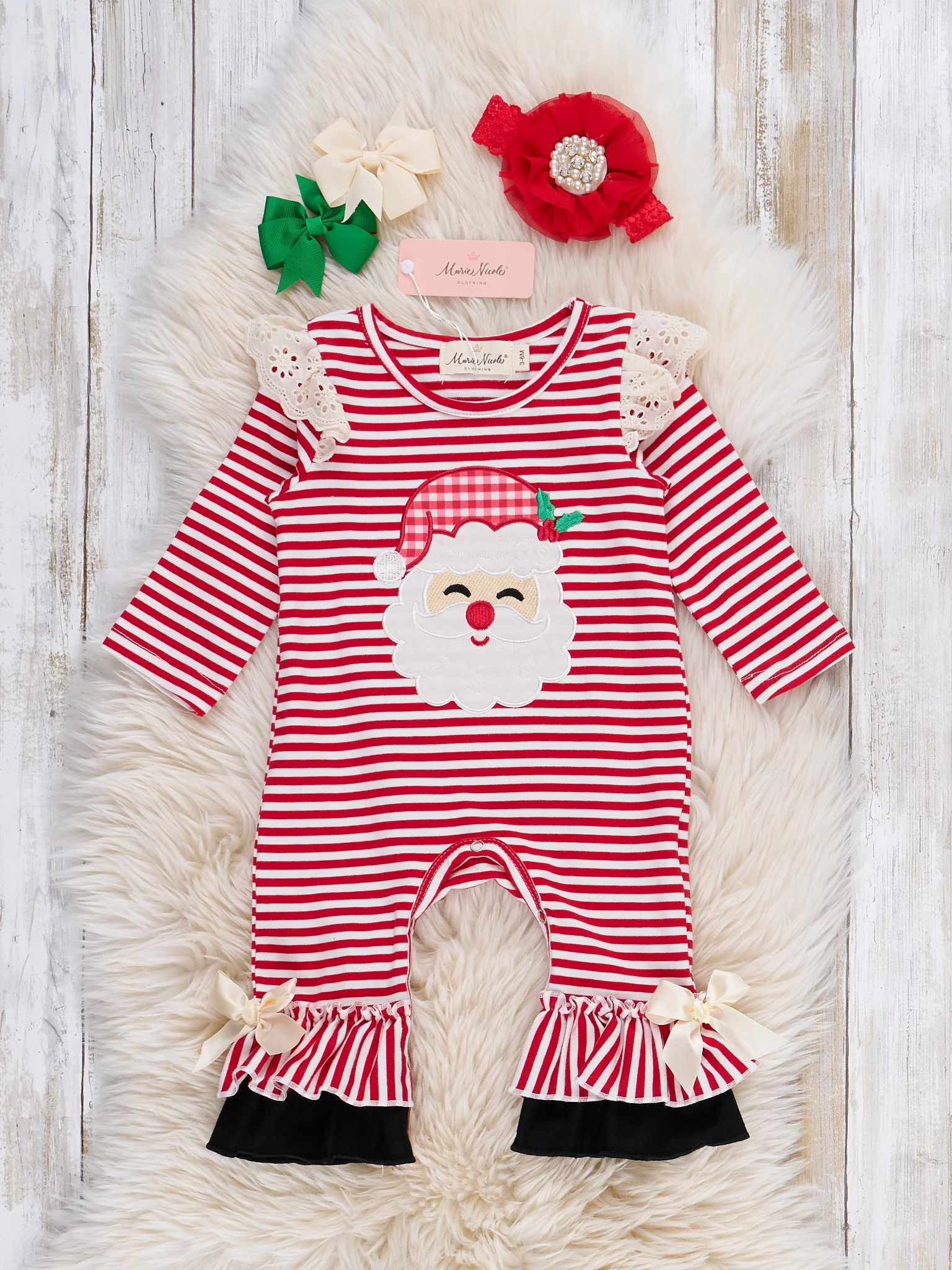 Stripe Santa Ensemble Embroidered Ruffle Romper