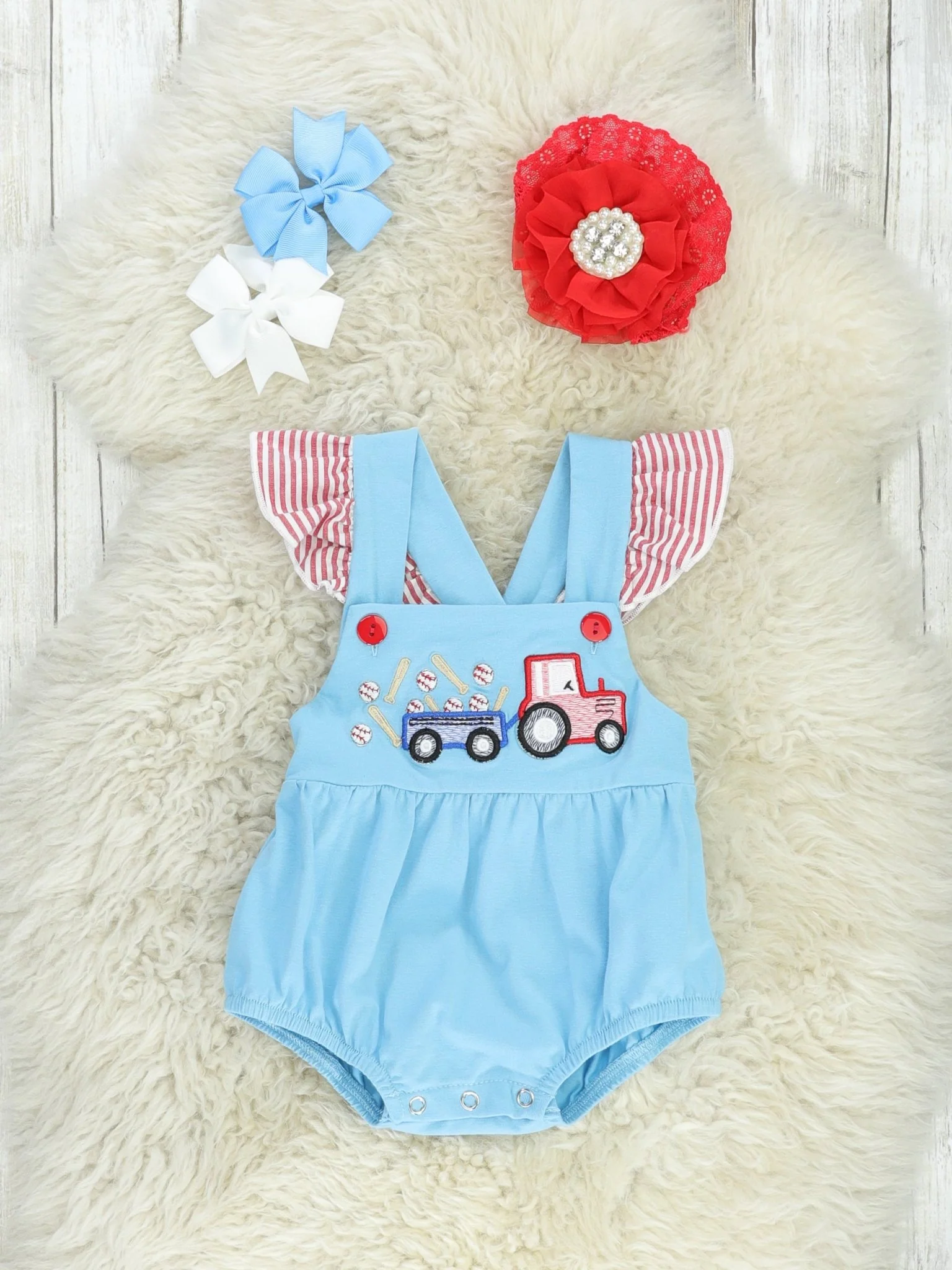 Striped Baseball Truck Ruffle Bubble Romper
