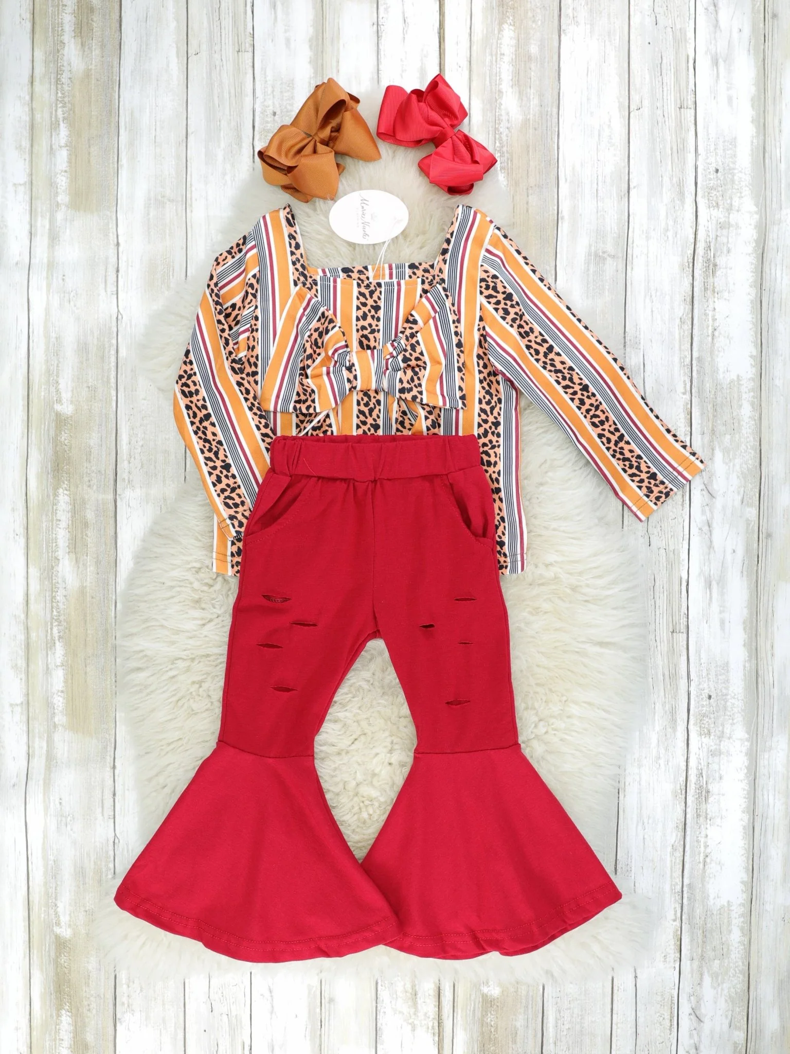 Striped Bow Top & Red Bell Bottoms Outfit - Image 2