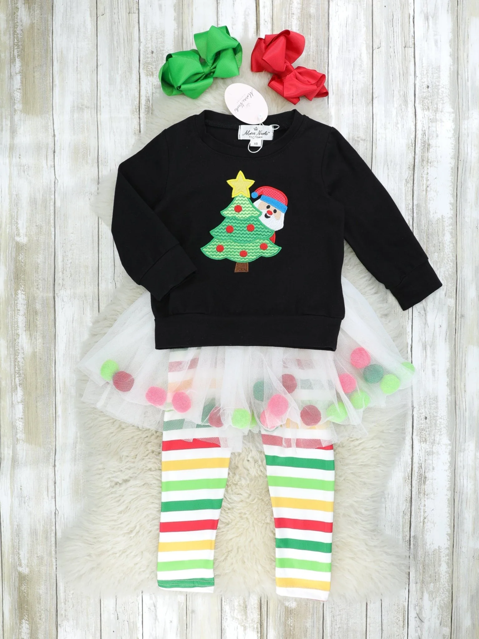 Striped Christmas Tree Tulle Pom Pom Outfit