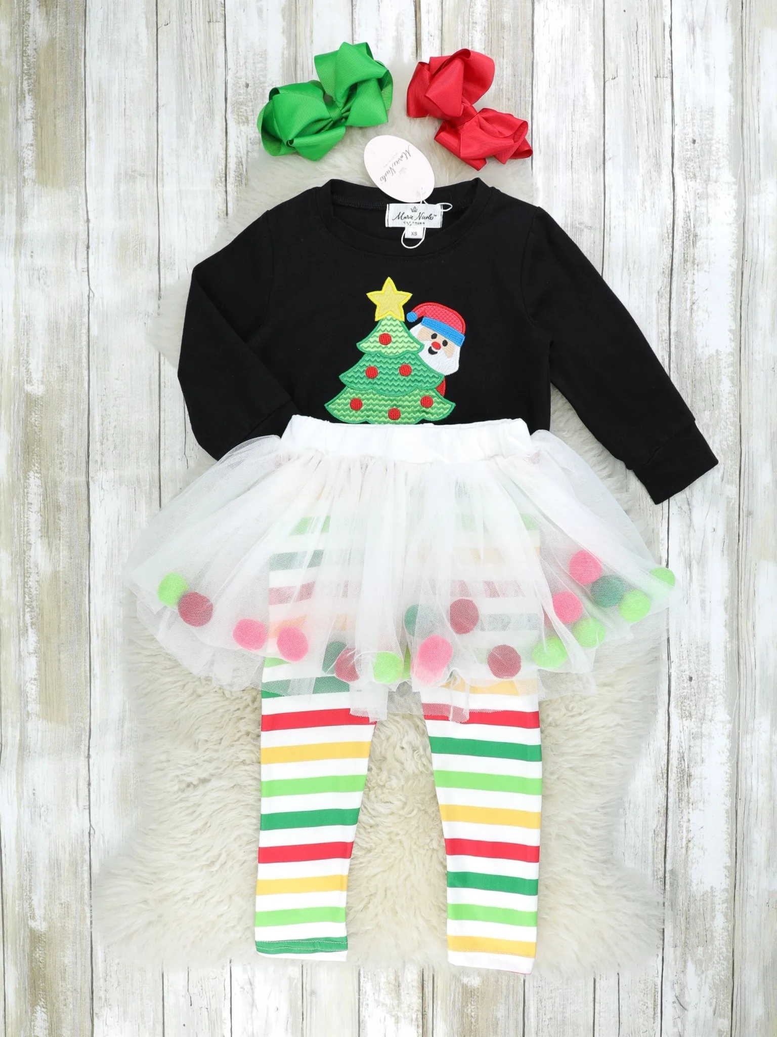Striped Christmas Tree Tulle Pom Pom Outfit - Image 2