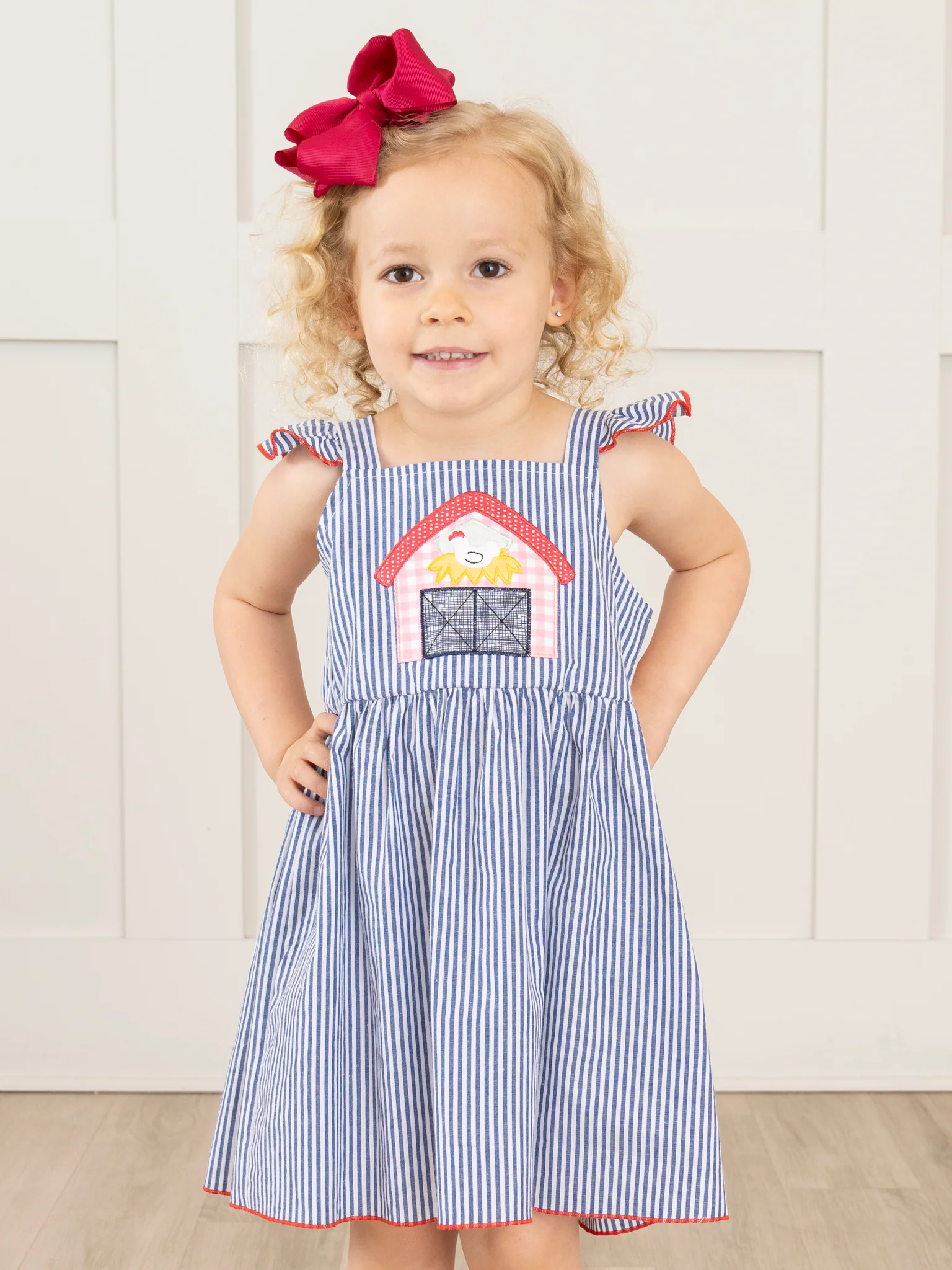 Striped Embroidered Barn Ruffle Dress