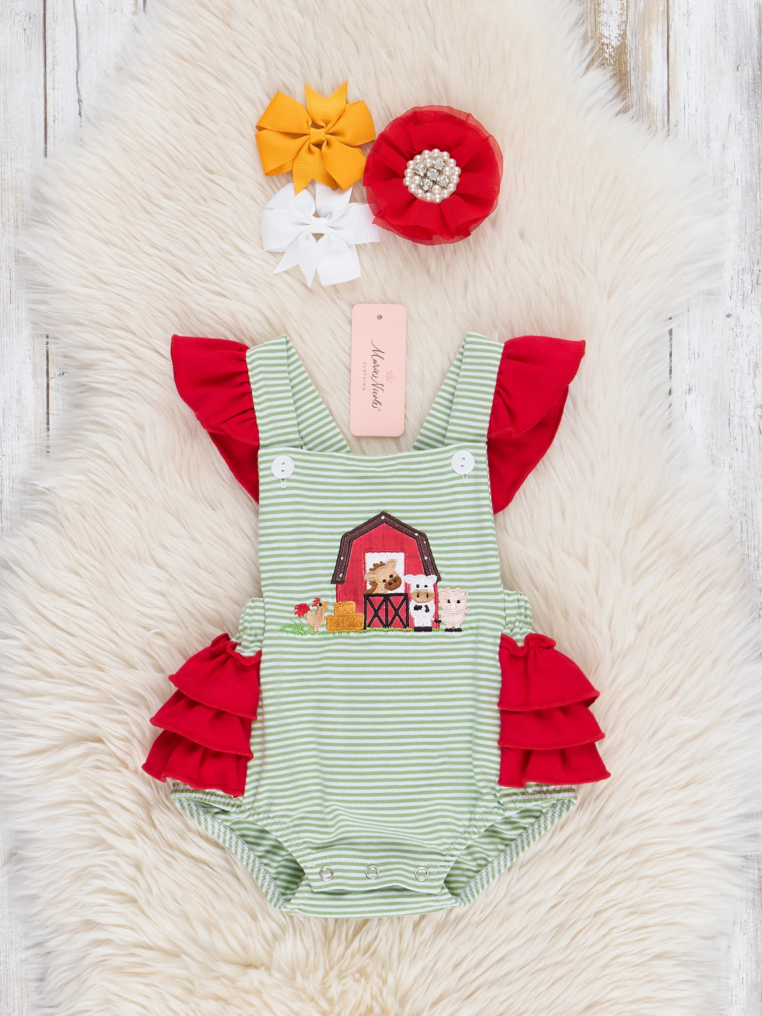 Striped Embroidered Farmhouse Cotton Ruffle Bubble Romper