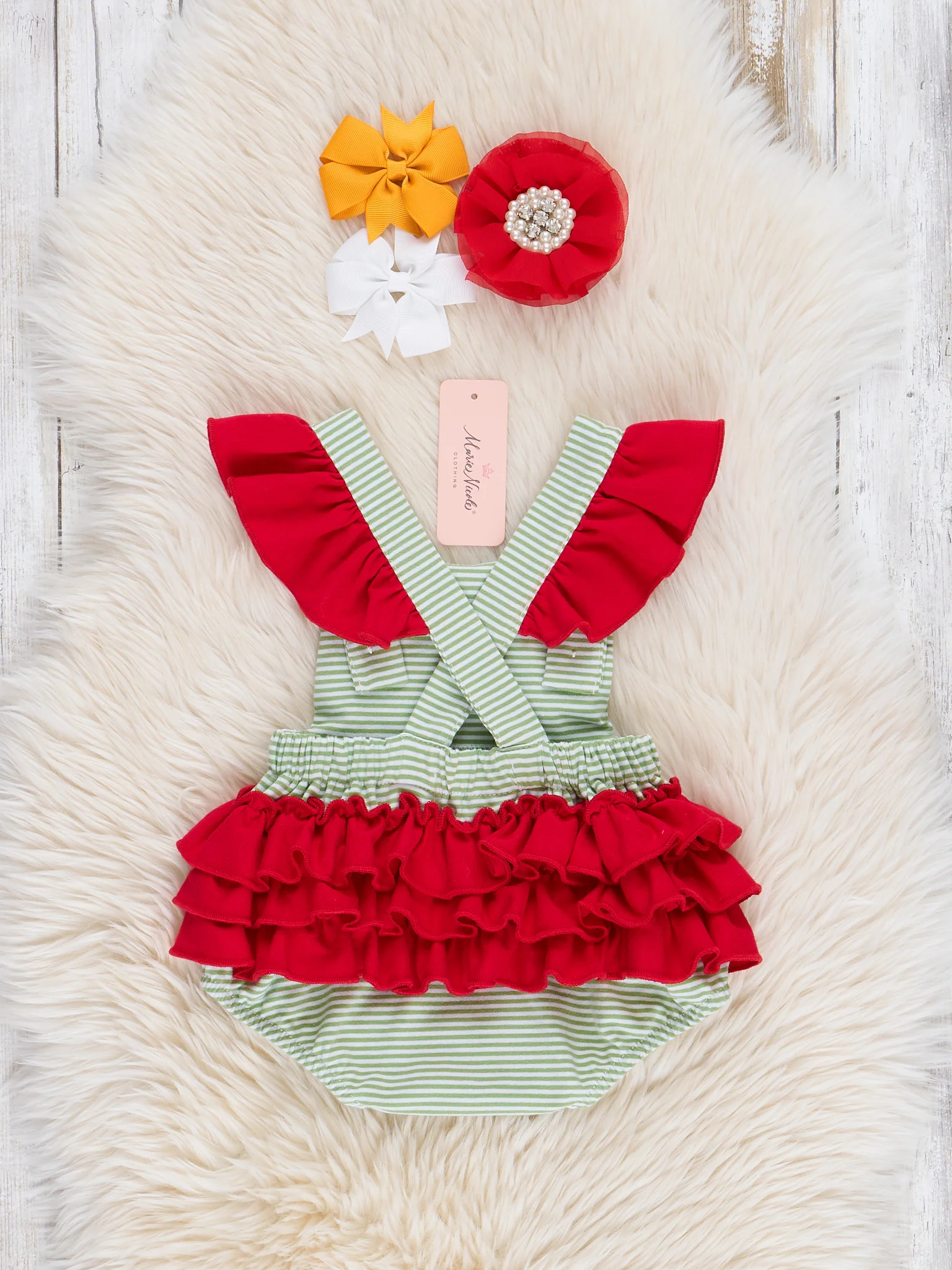 Striped Embroidered Farmhouse Cotton Ruffle Bubble Romper - Image 2