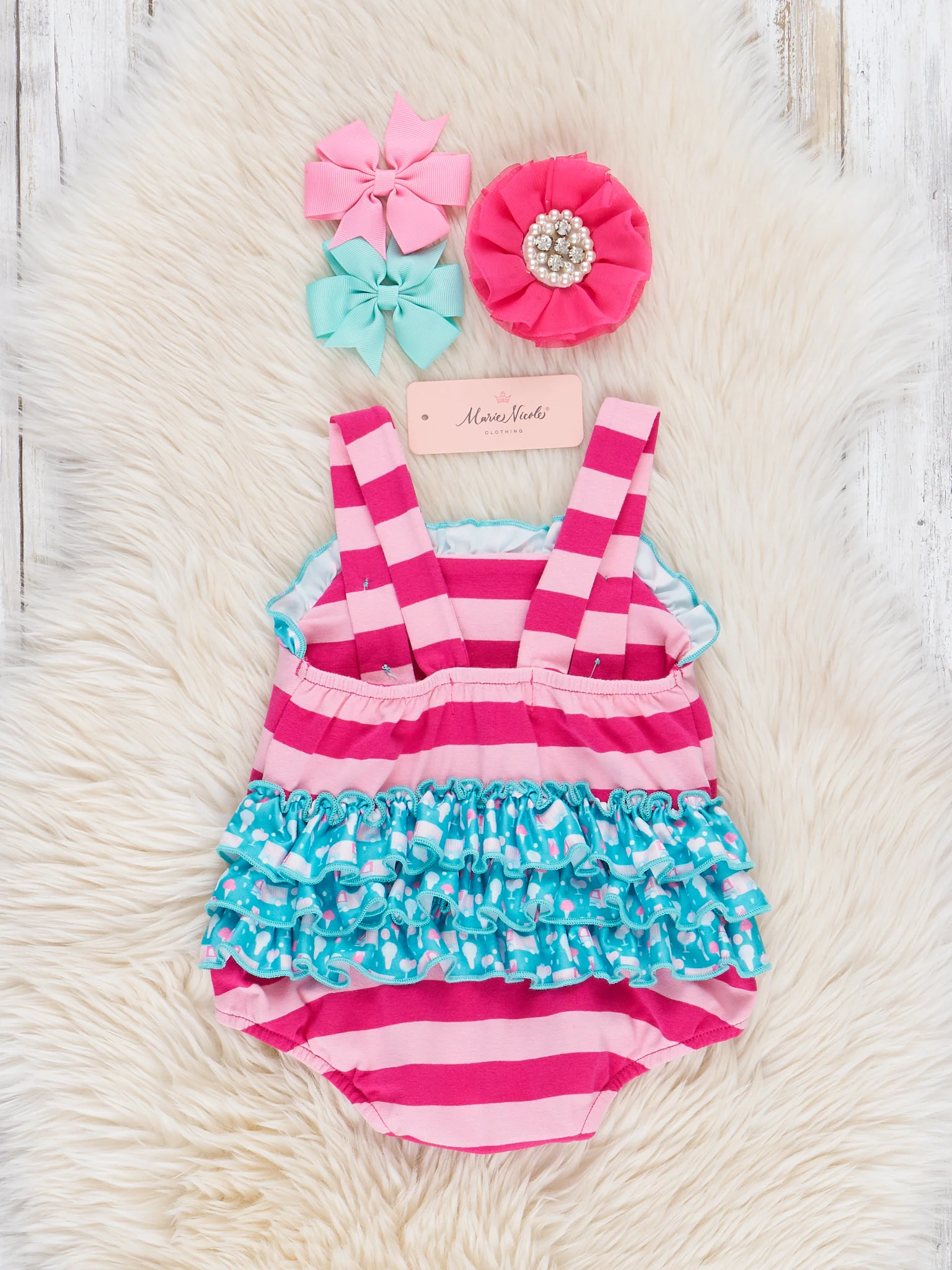 Striped Embroidered Ice Cream Truck Bubble Romper - Image 2