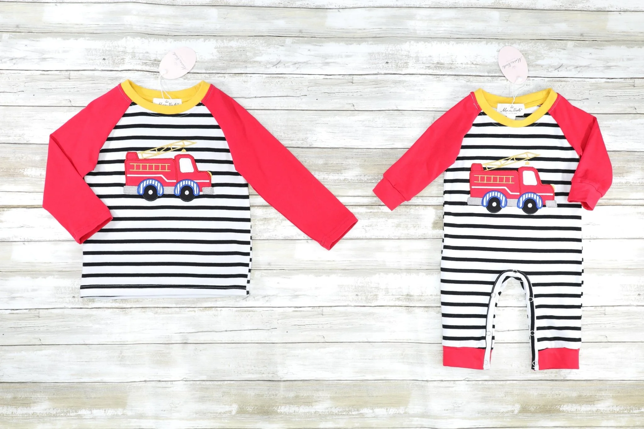 Striped Firetruck Red Raglan Romper - Image 2