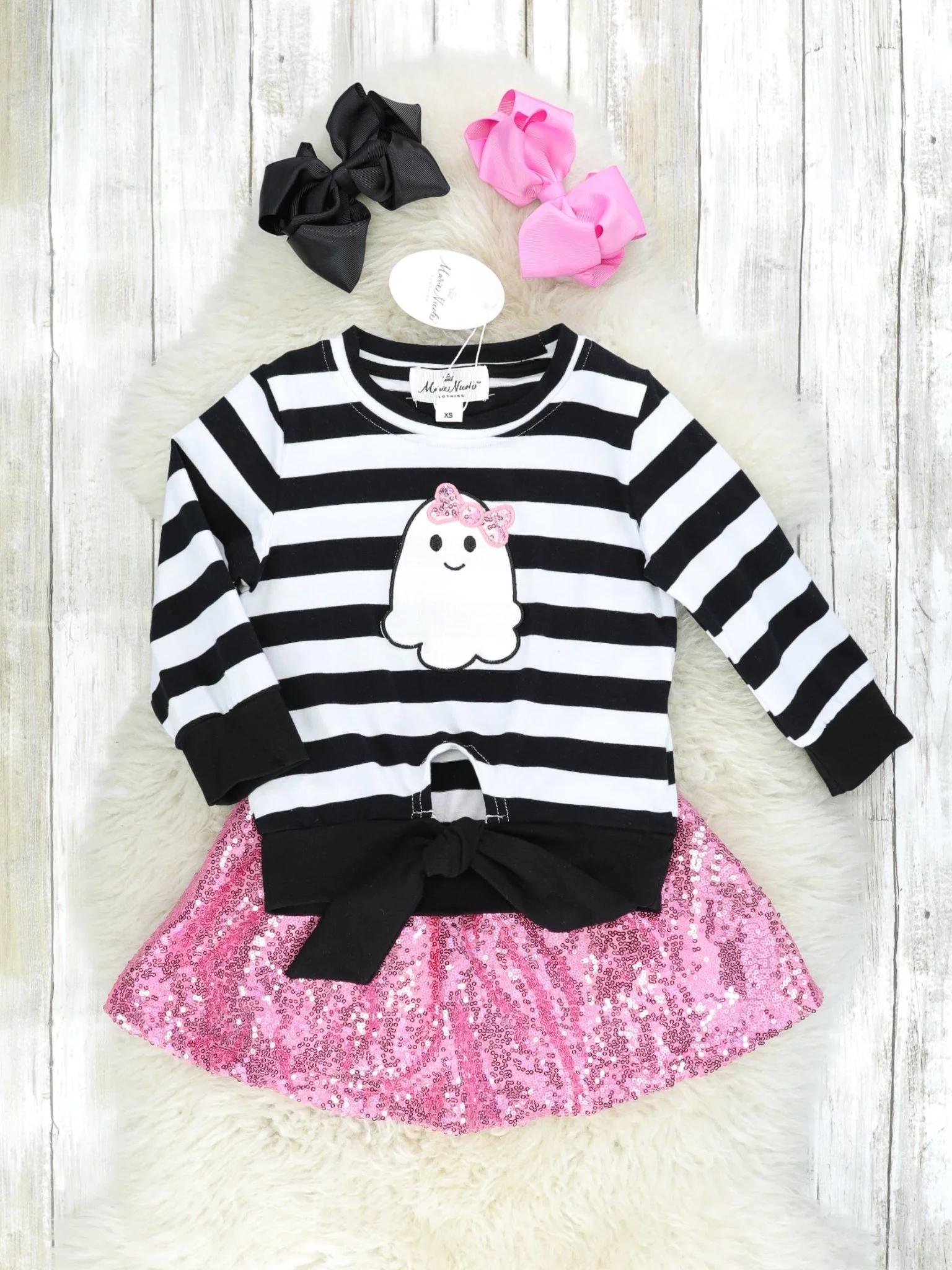 Striped Ghost Tie Top & Pink Sequin Skirt Outfit