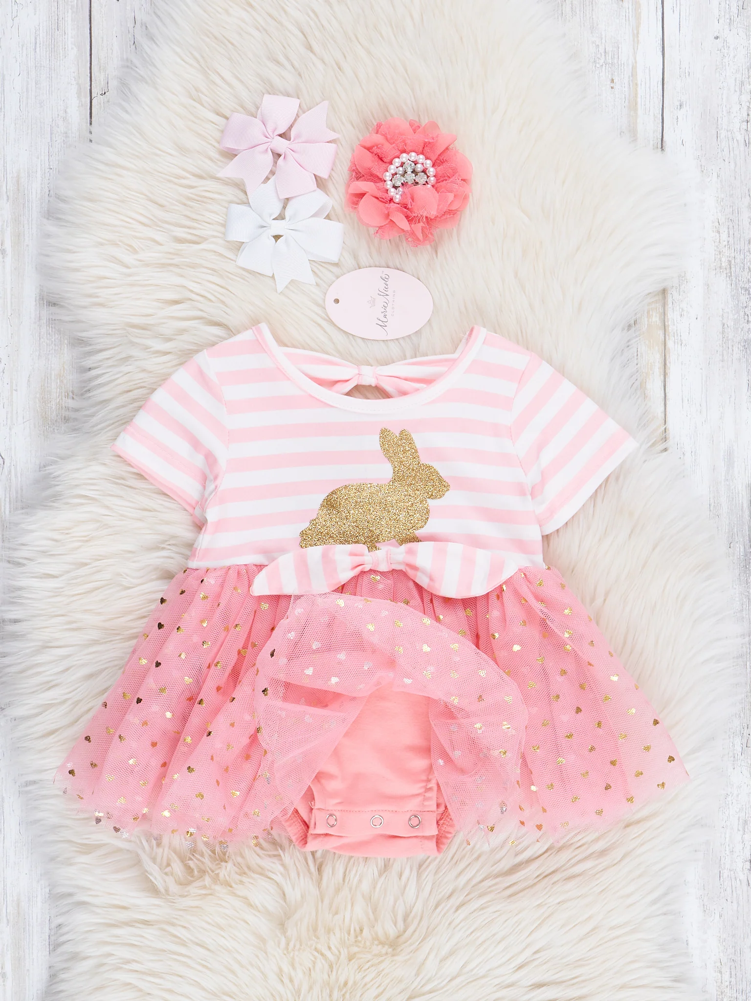 Striped Gold Bunny Tulle Dressy Romper - Image 2