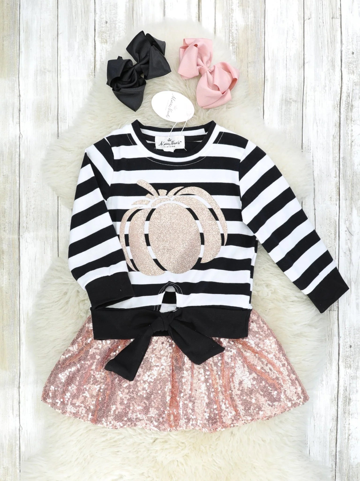 Striped Gold Pumpkin Tie Top & Gold Sequin Skirt Outfit