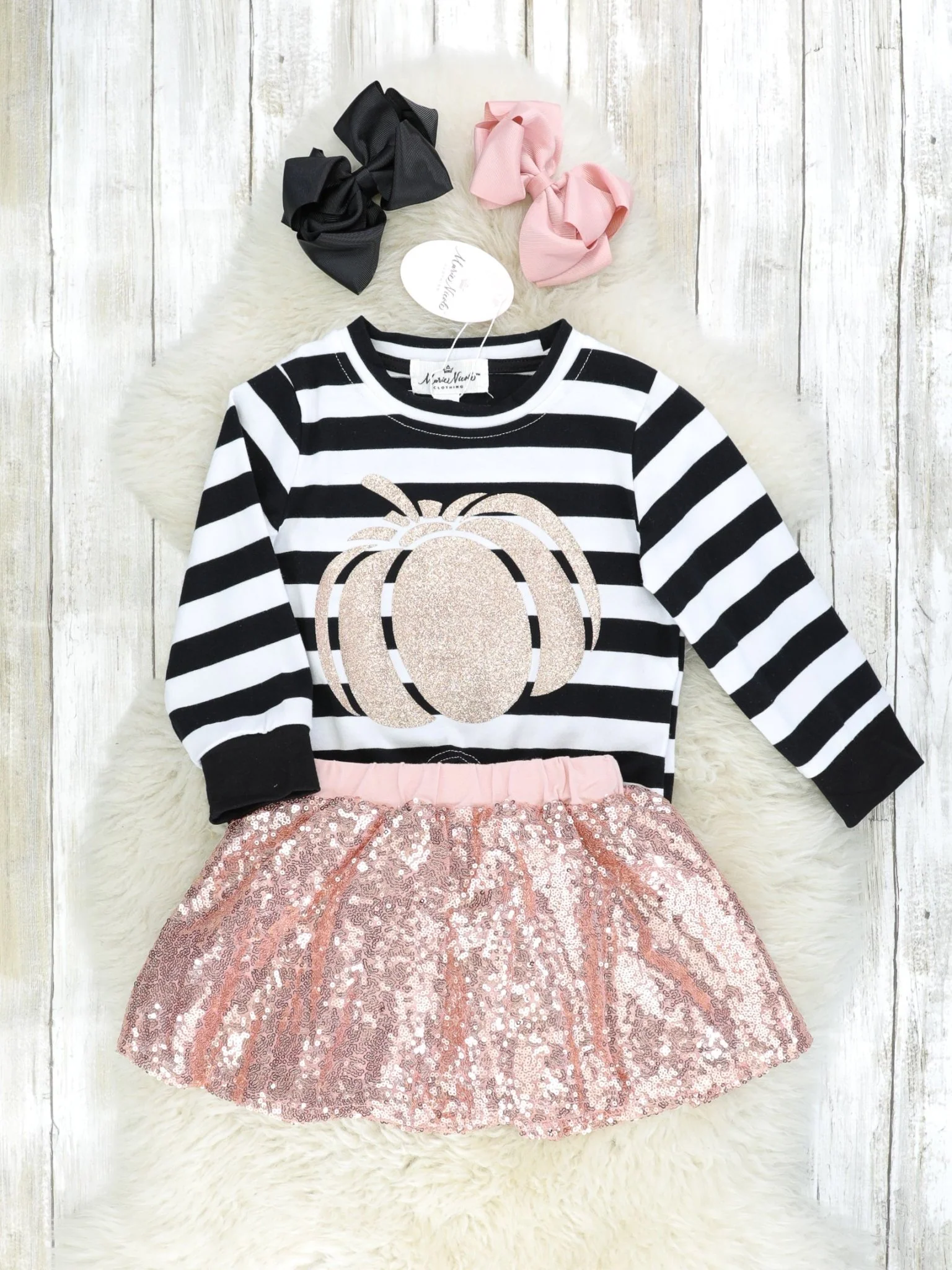 Striped Gold Pumpkin Tie Top & Gold Sequin Skirt Outfit - Image 2