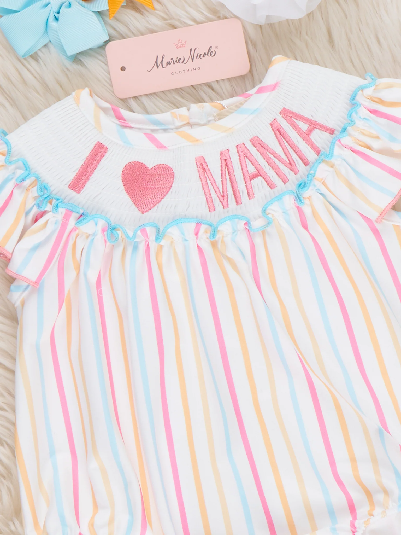 Striped "I Love Mama" Smocked Bubble Romper - Image 3