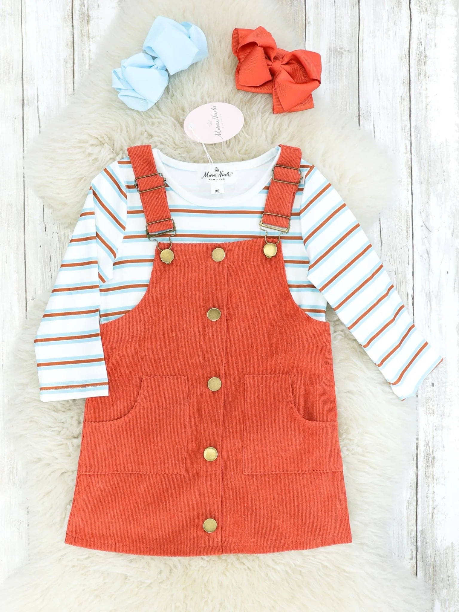 Striped Long Sleeve Top & Pocket Overall Dress Outfit