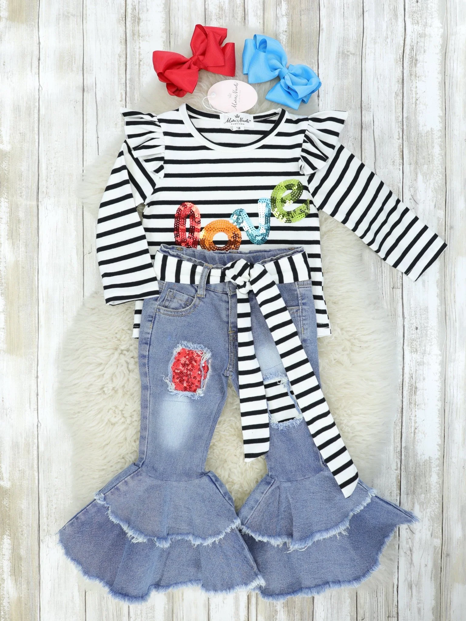 Striped "Love" Sequin Ruffle Top & Denim Bell Bottoms Outfit - Image 2