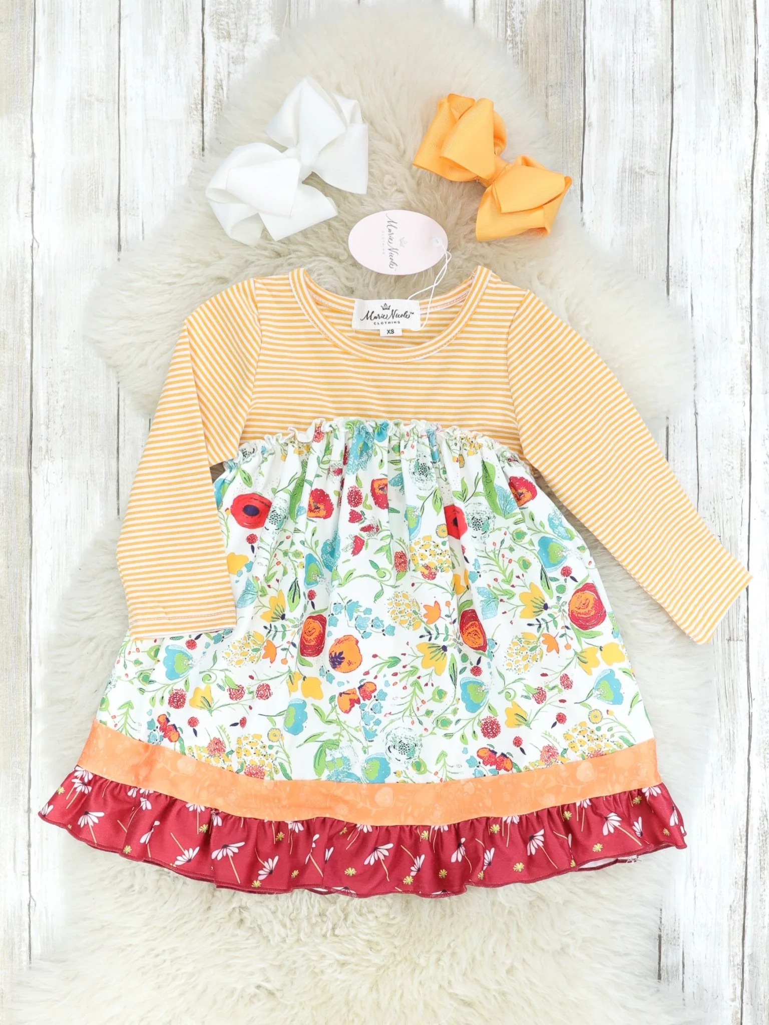 Striped Orange & Red Floral Watercolor Ruffle Dress