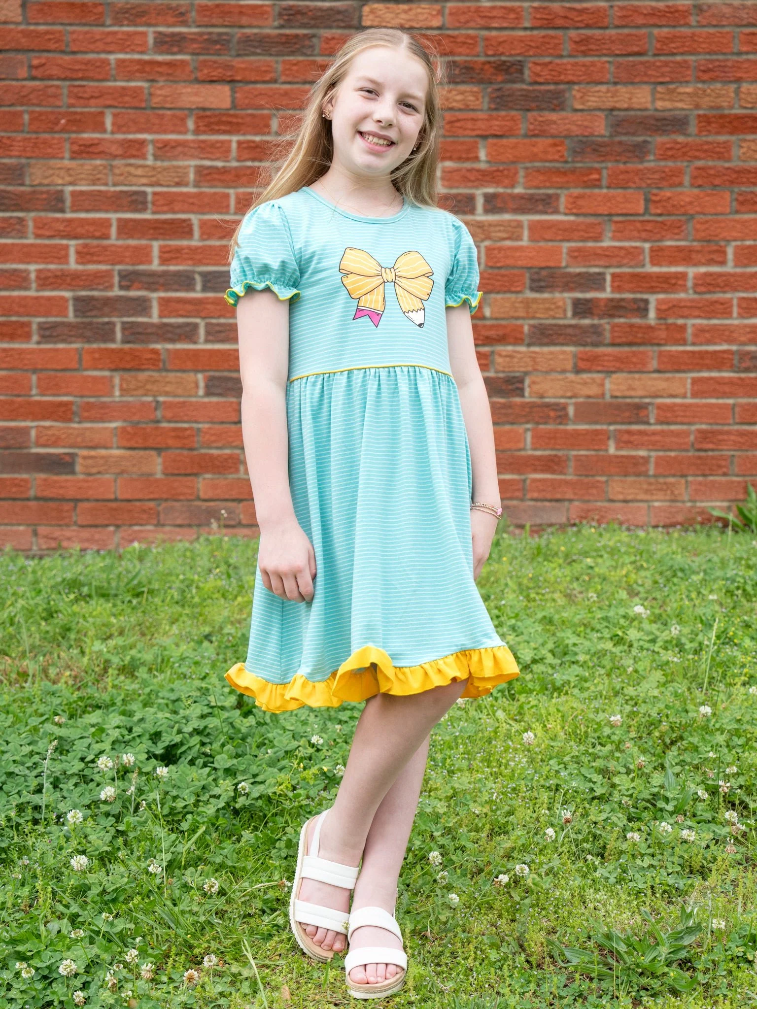 Striped Pencil Bow Ruffle Hem Dress - Image 4