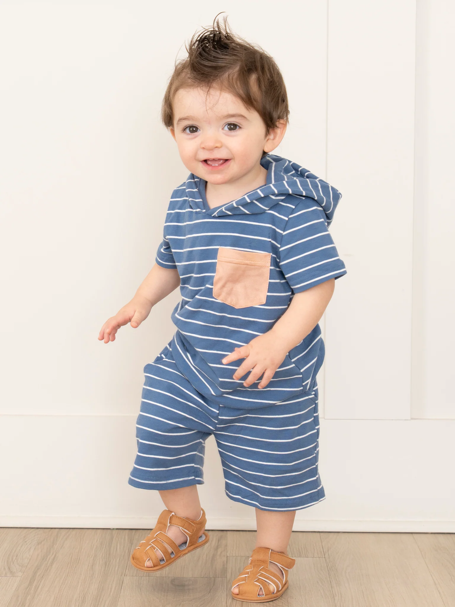 Striped Pocket Hoodie Outfit - Blue