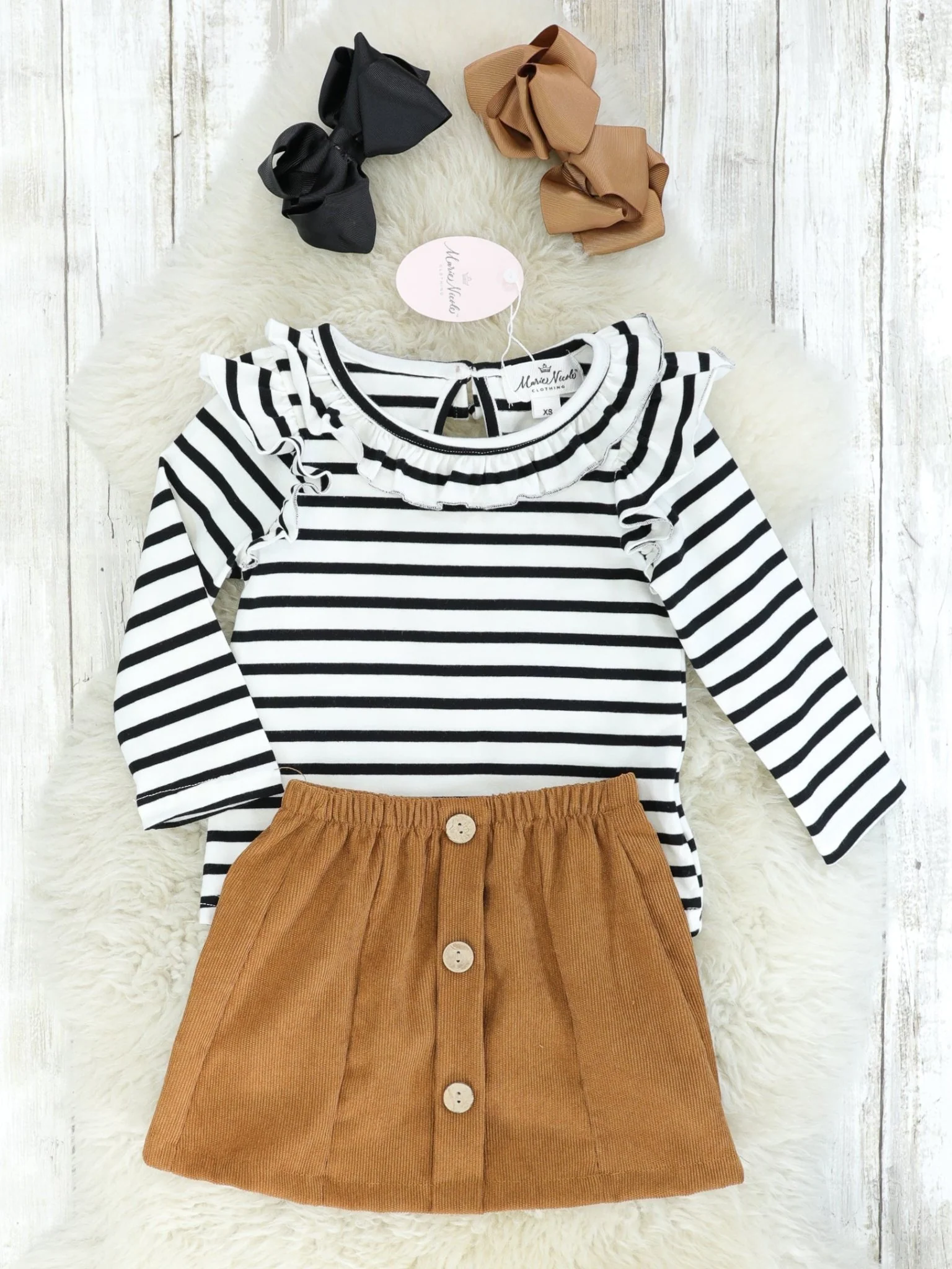 Striped Ruffle Long Sleeve Top & Brown Button Skirt Outfit - Image 2