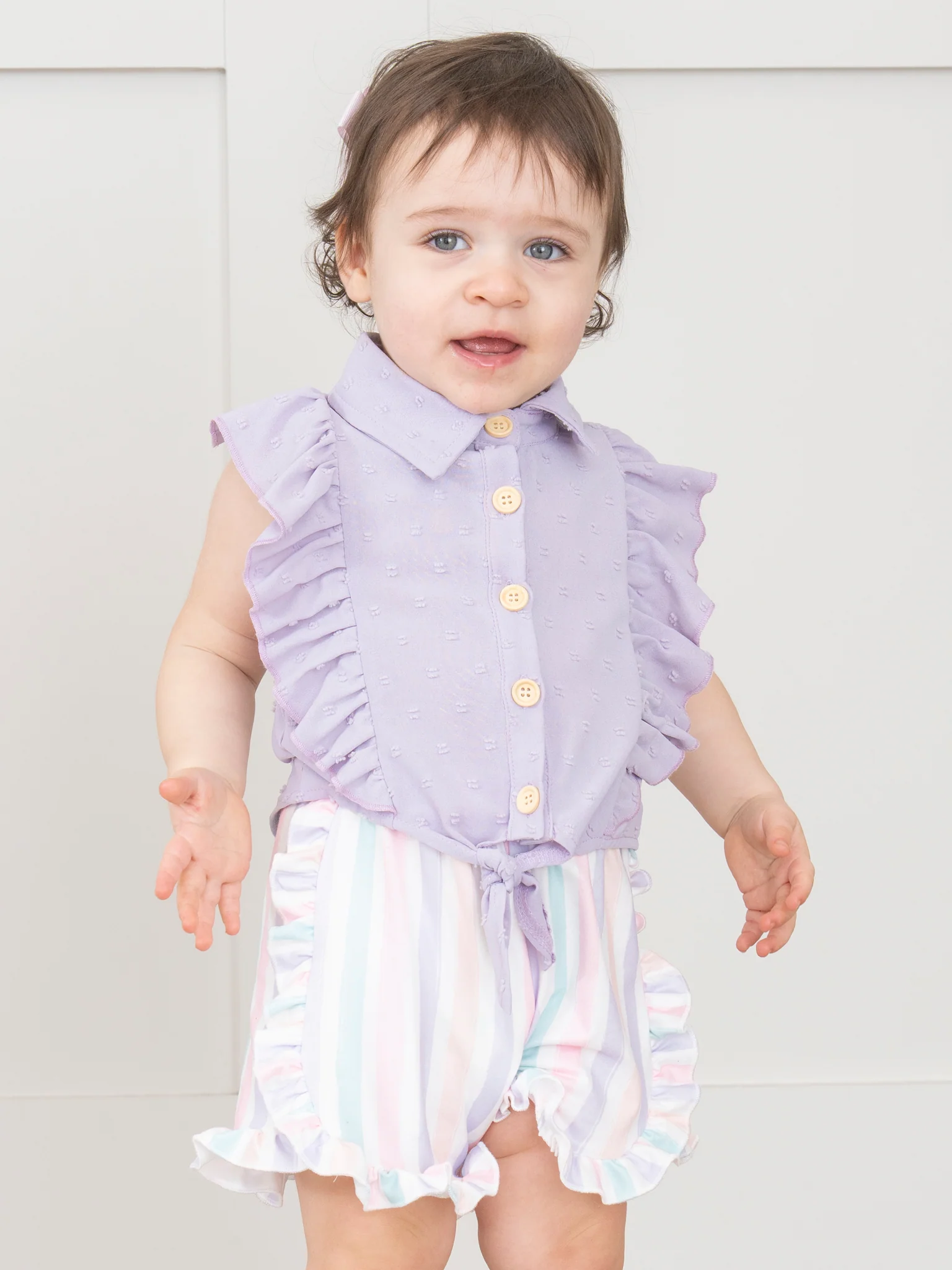 Striped Sleeveless Button Up Ruffle Outfit - Lilac